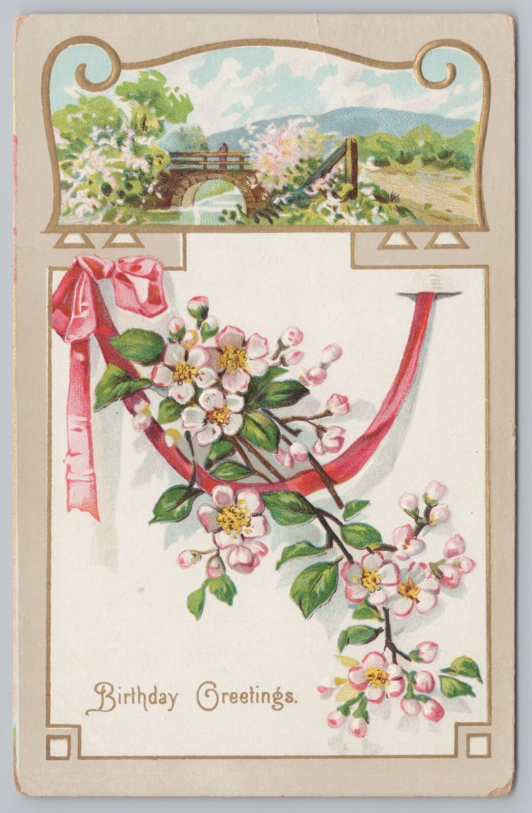 German~#36~Birthday Greeting~Pink & White Flowers~Pink Ribbon~Date 1909 Postcard