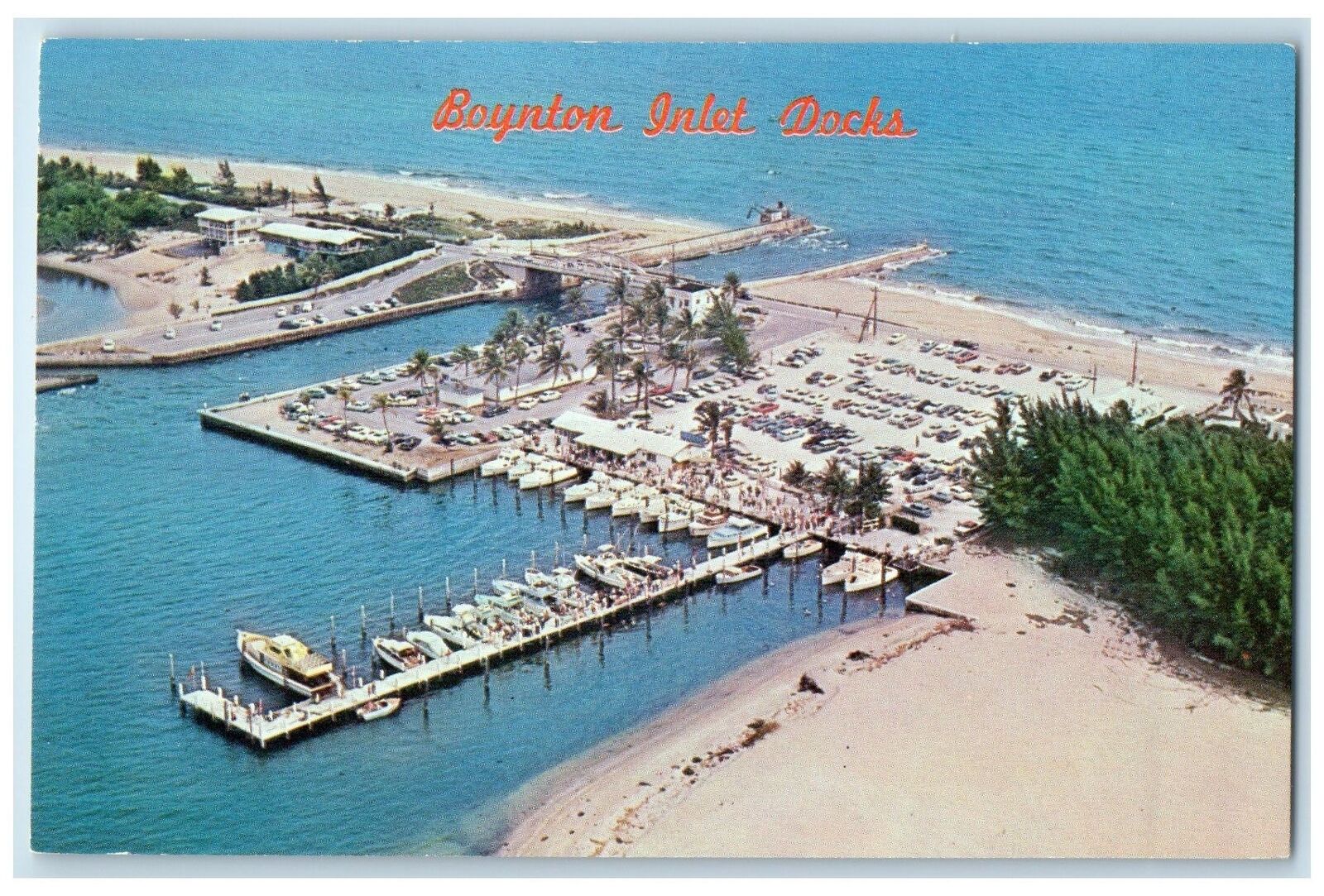c1950 Aerial View Sport Fishing Fleet Inlet Dock Boynton Beach Florida Postcard