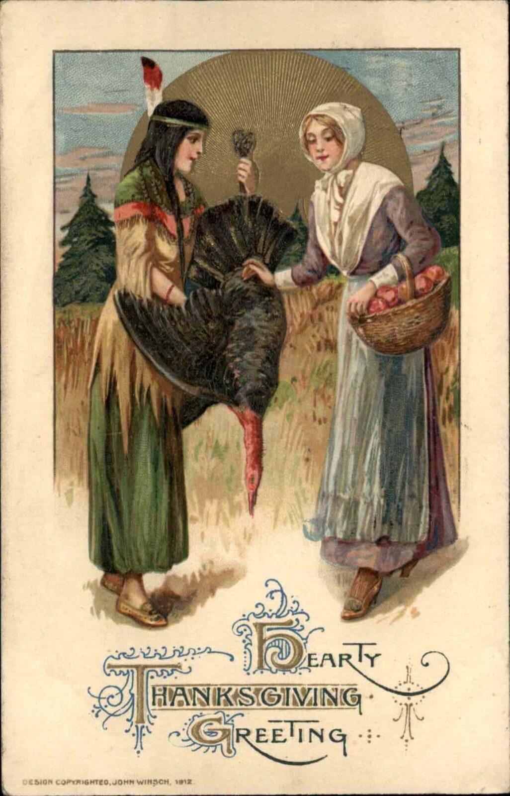 Winsch Thanksgiving PC American Indian Woman Turkey Pilgrim