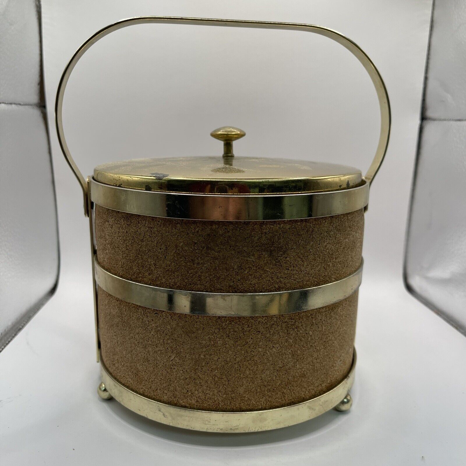 Vintage MCm 1970s Brass Cork Glass Ice Bucket Bin