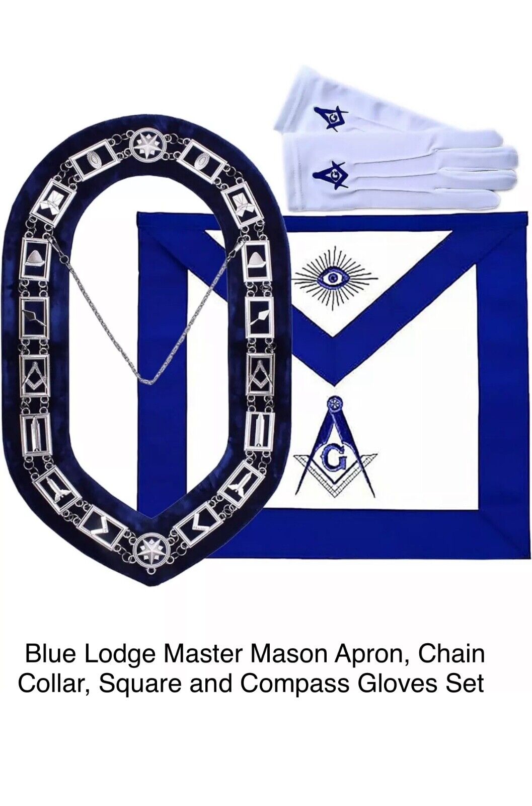 Blue Lodge Master Mason Apron, Chain Collar, Square and Compass Gloves Set