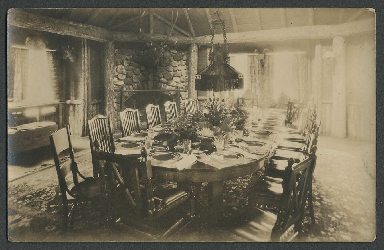 c.1910s-20s RPPC Postcard FANCY LOG HOME DINING ROOM INTERIOR VAULTED CEILING