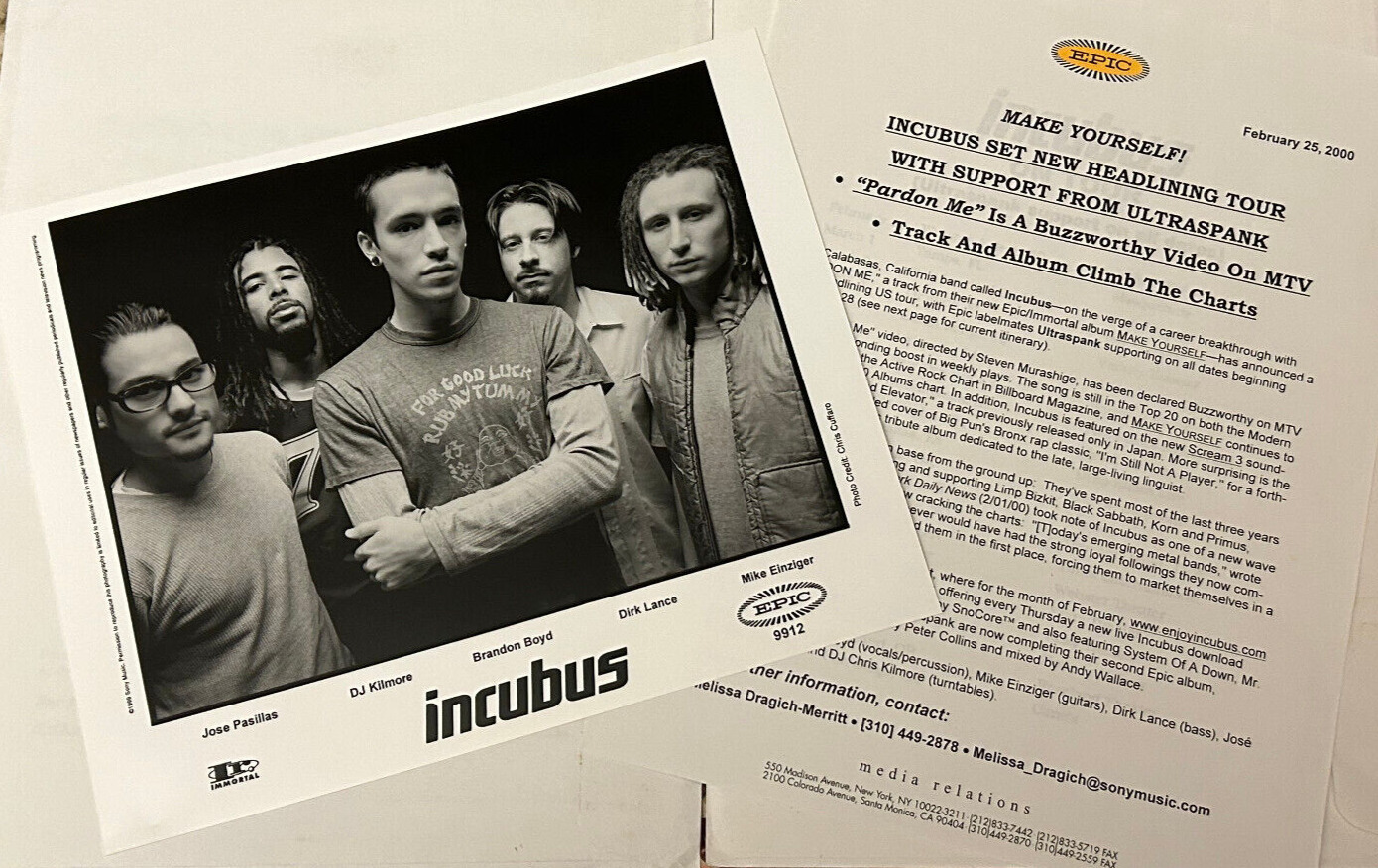 INCUBUS 8x10 press photo w/ press release Epic Records 1999 Brandon Boyd 1999