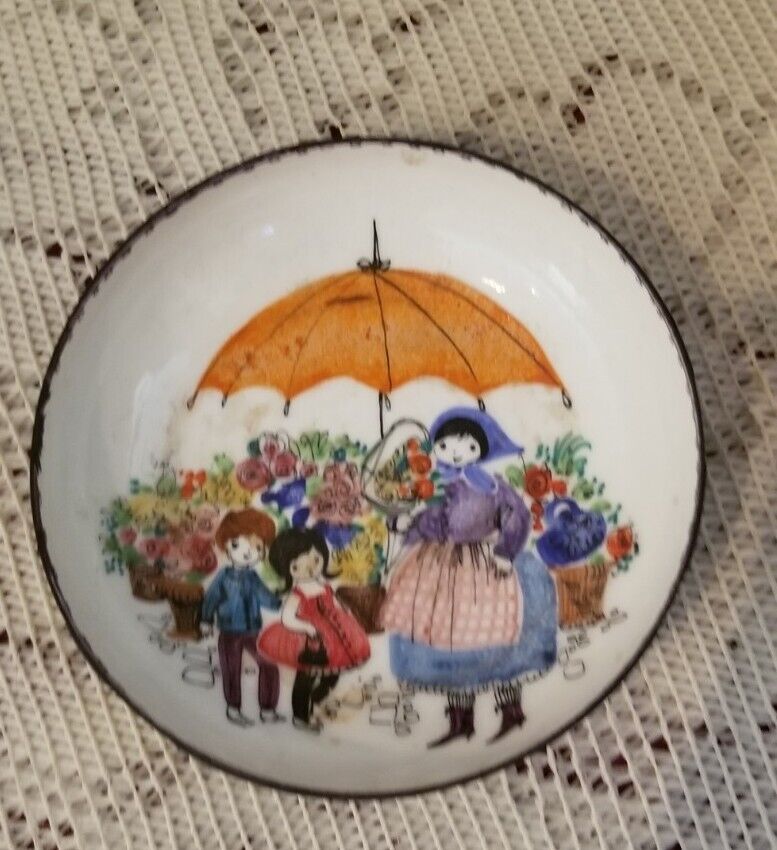 Vintage Steinbock Email Austria Hand Painted Enamel Trinket Dish Flower Seller