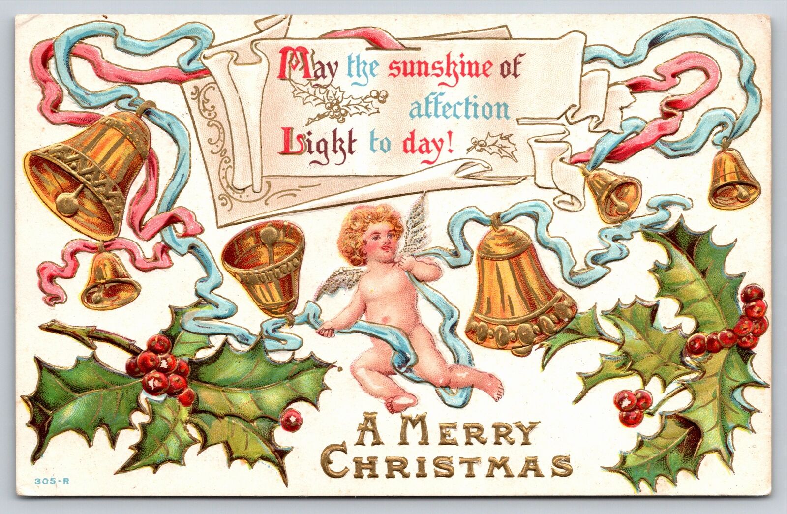 Christmas~Cupid Ribbon Bells Holly & Christmas Greeting~Vintage Postcard