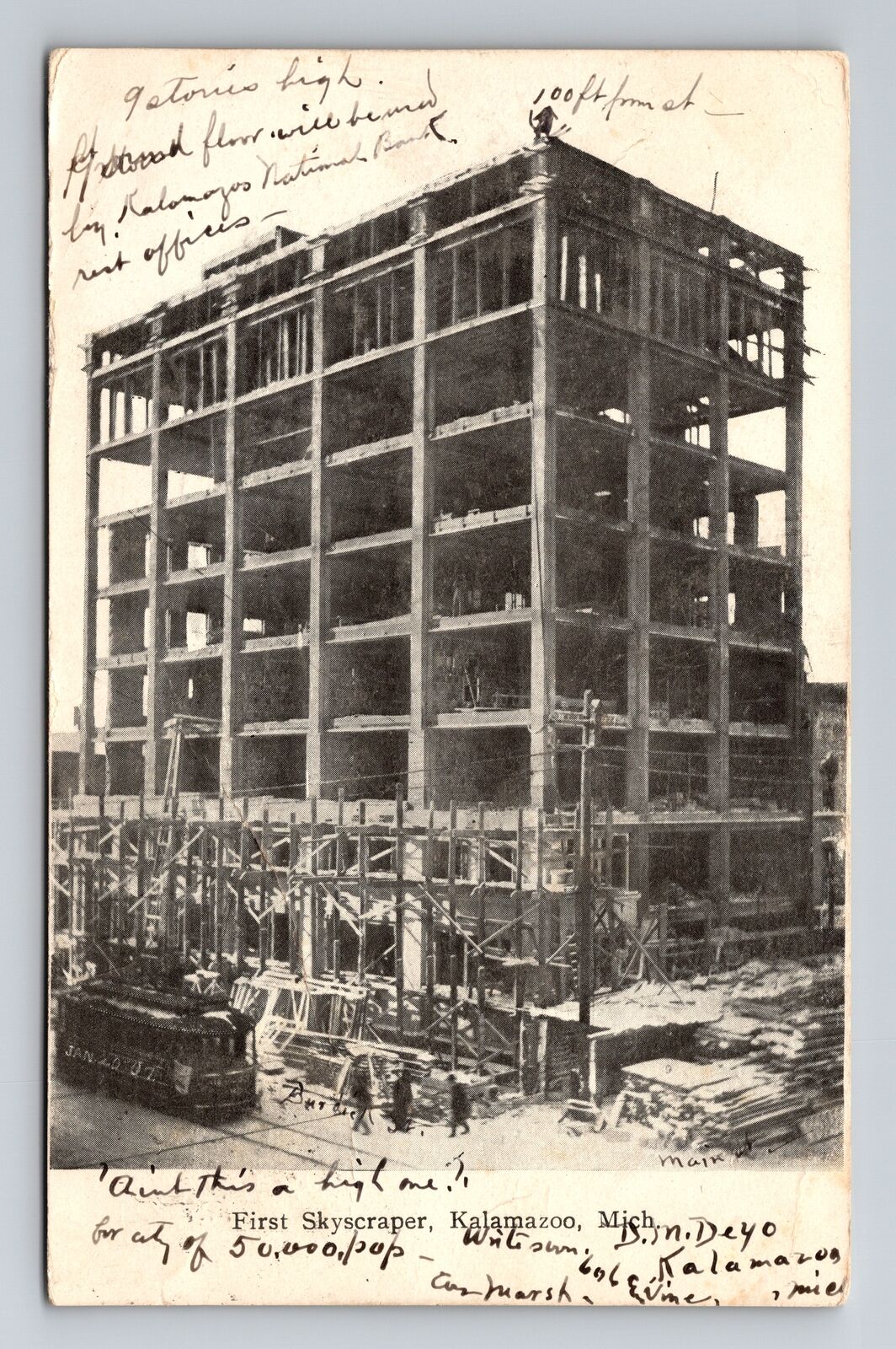 Kalamazoo MI-Michigan, First Skyscraper Construction, Vintage c1907 Postcard
