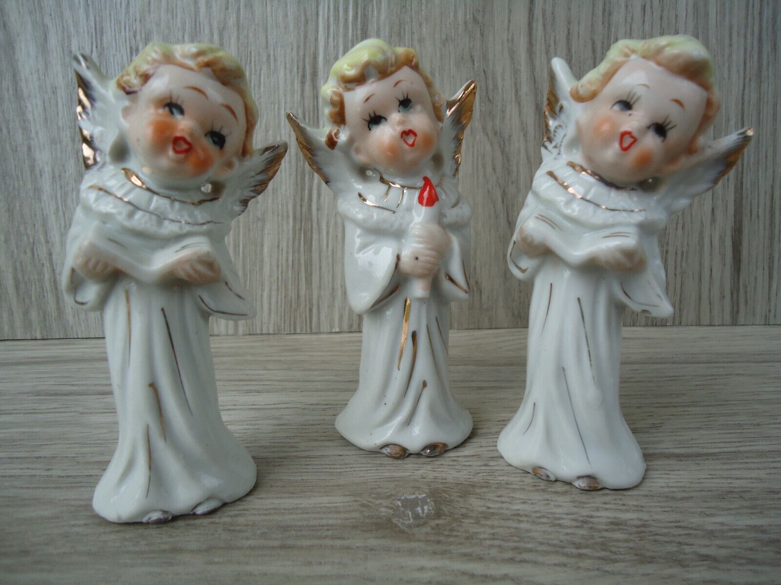 VTG Ceramic Caroling Angels Gold Blonde Wings Candle made in Japan set of 3