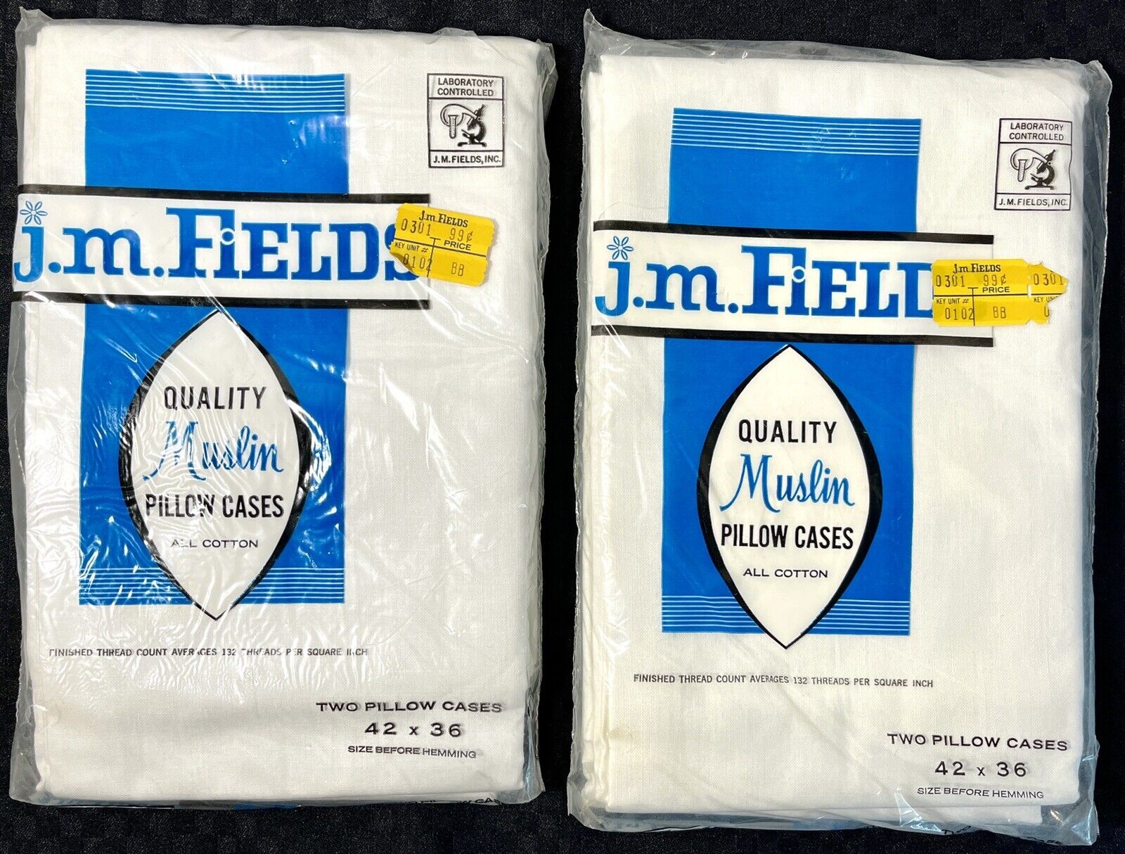 Vintage j.m. Fields White Muslin 2 Pillowcases NOS 42 x 36 All Cotton NOS USA