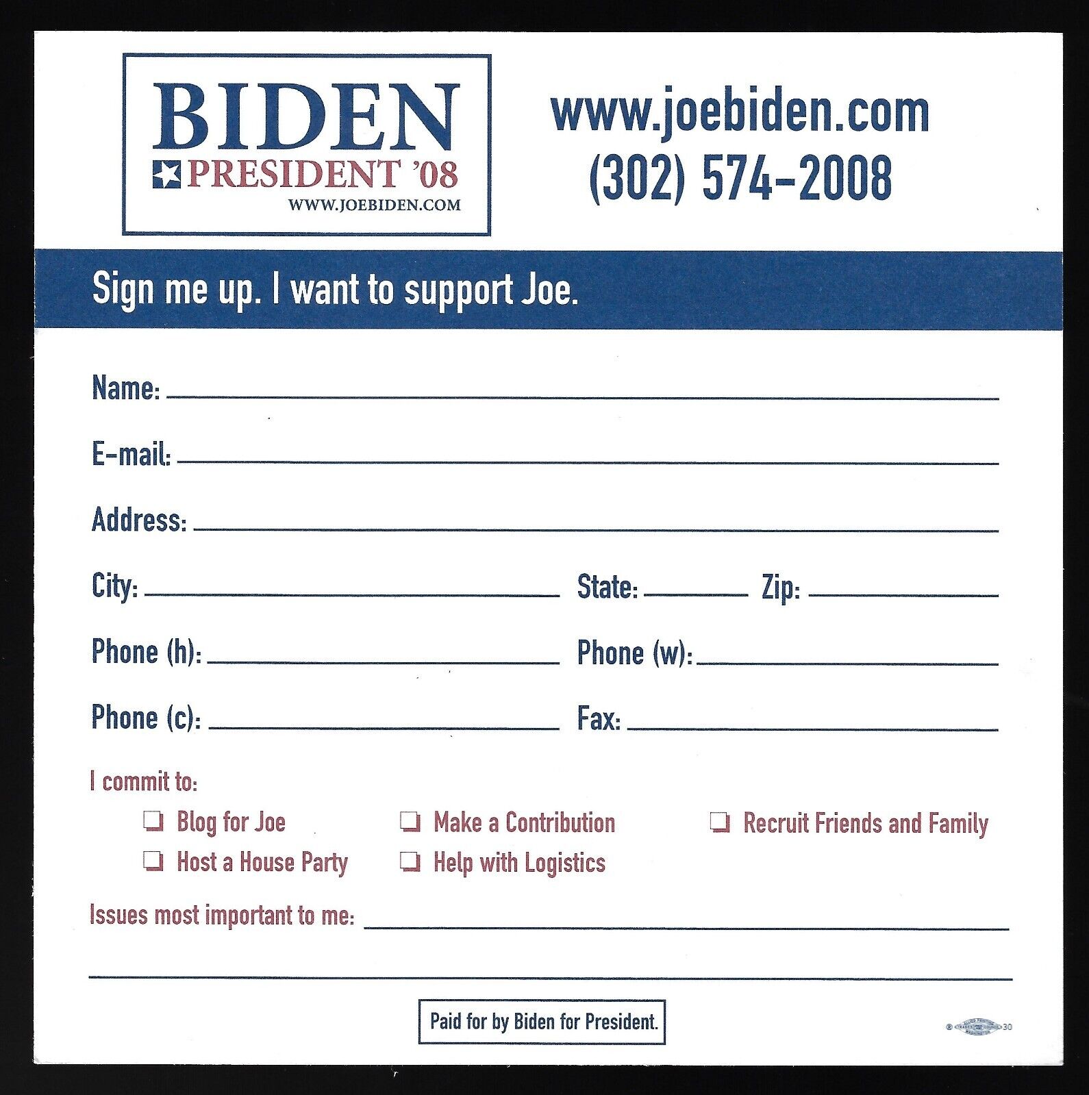 2008 Joe Biden Presidential Campaign Postcard Ran Against Obama & Hillary
