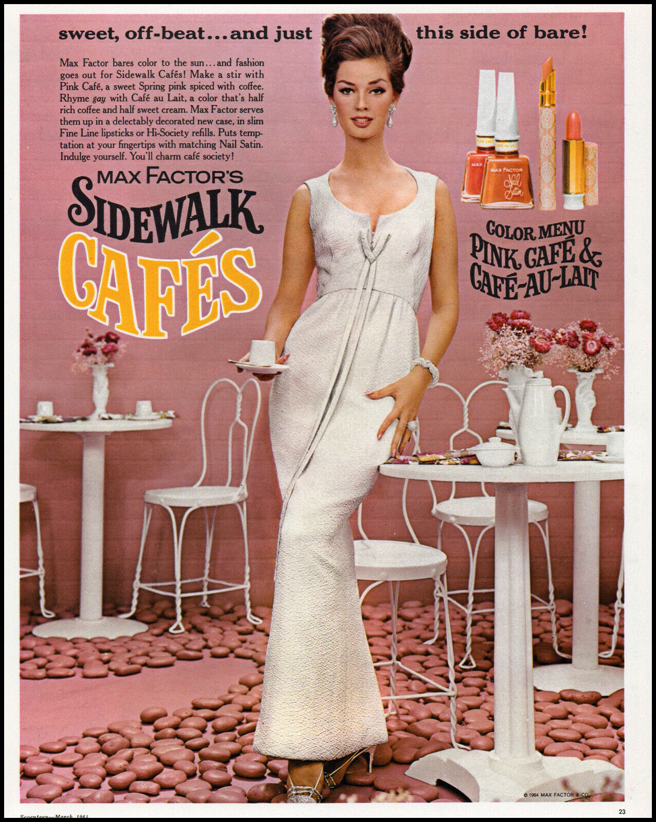 1964 Beautiful woman Max Factor\'s Sidewalk Cafés retro photo print ad  adL41