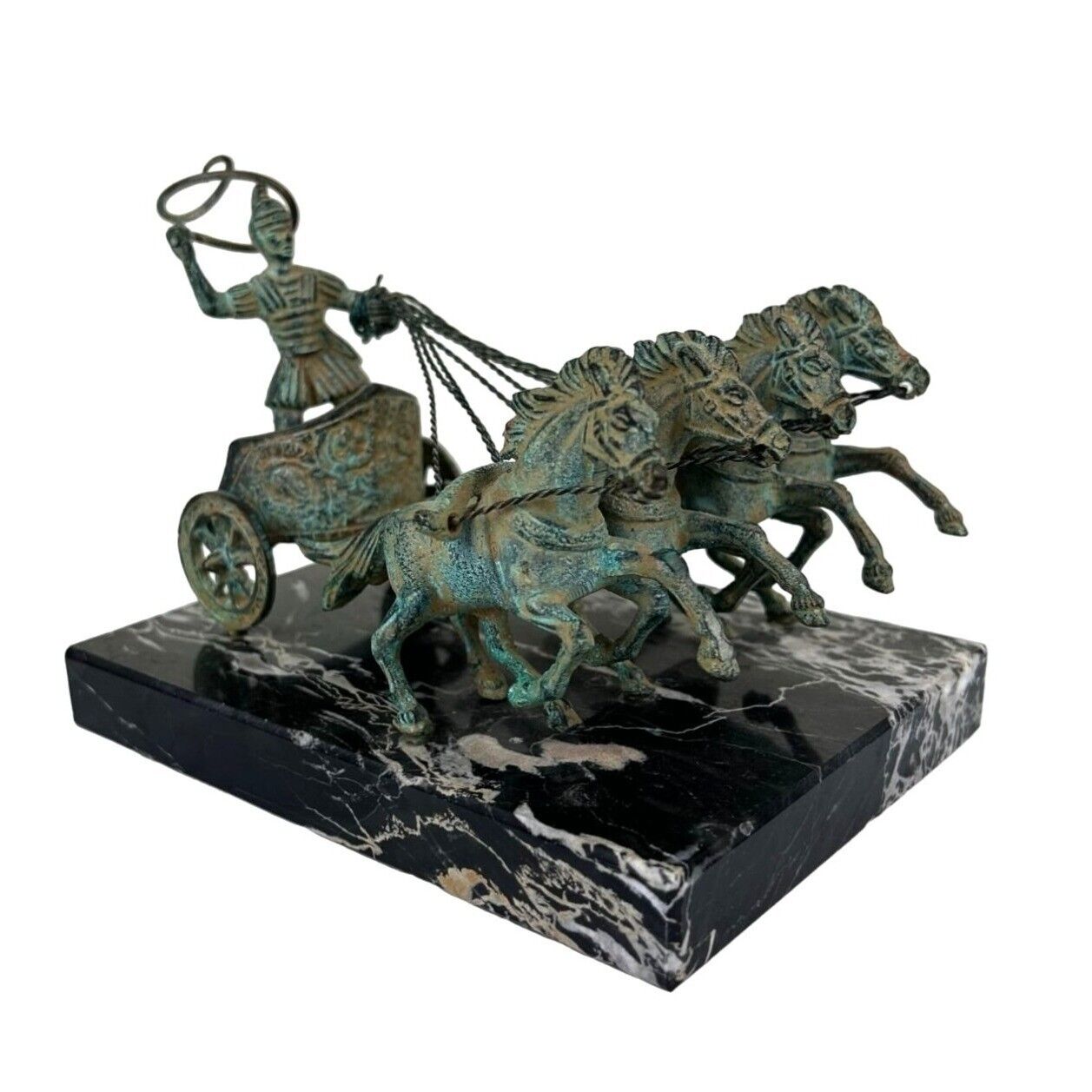 Vintage De Benedicts Imports Italy Metal Chariot Rider Horses Marble Base Statue