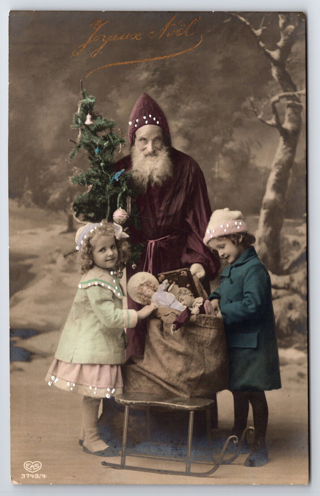 Vintage C1910 RPPC Postcard Brown Burgundy Suited Santa Giving Girls Dolls