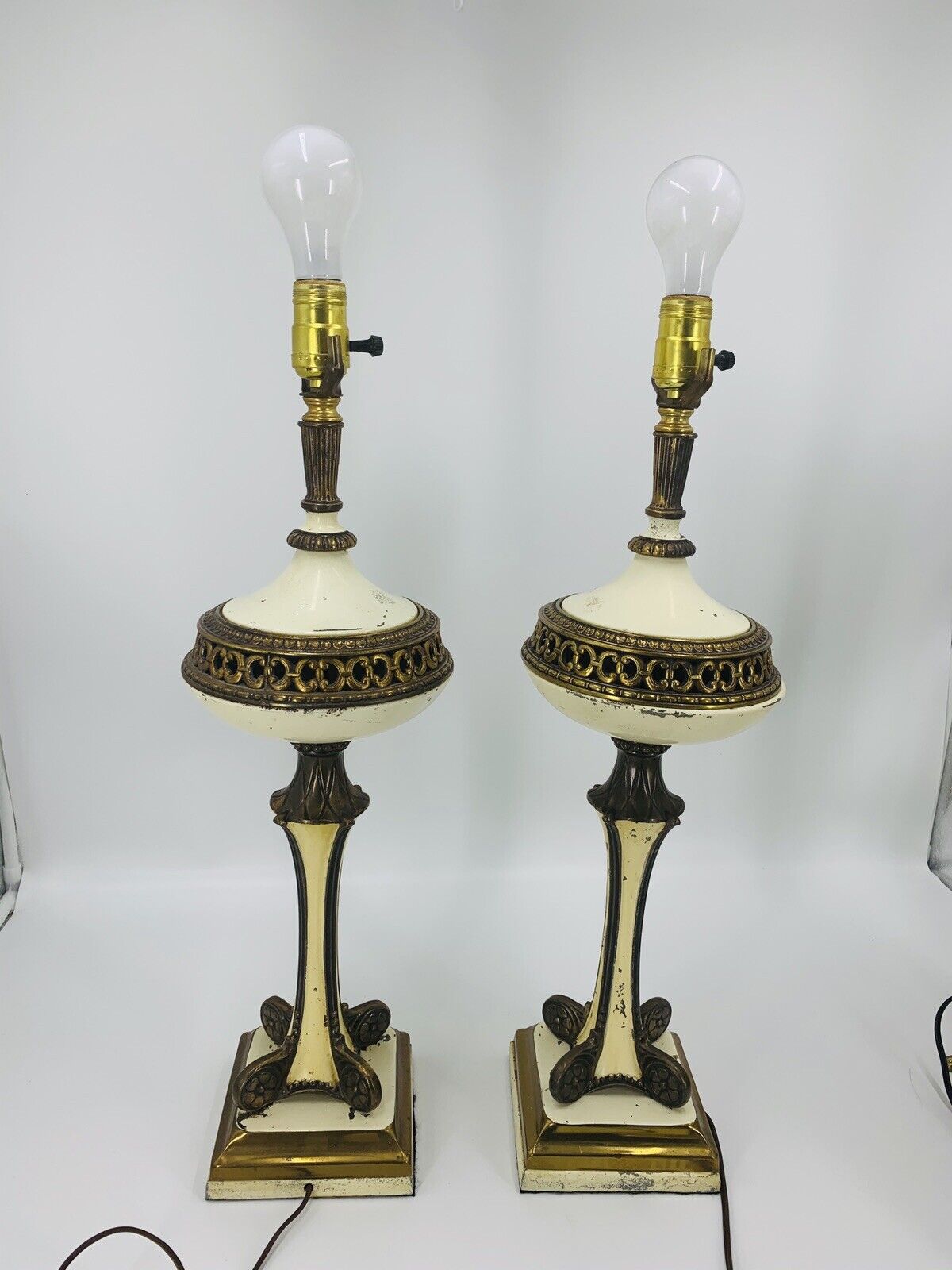 Vintage Mid Century Pair of White and Brass  Lamps