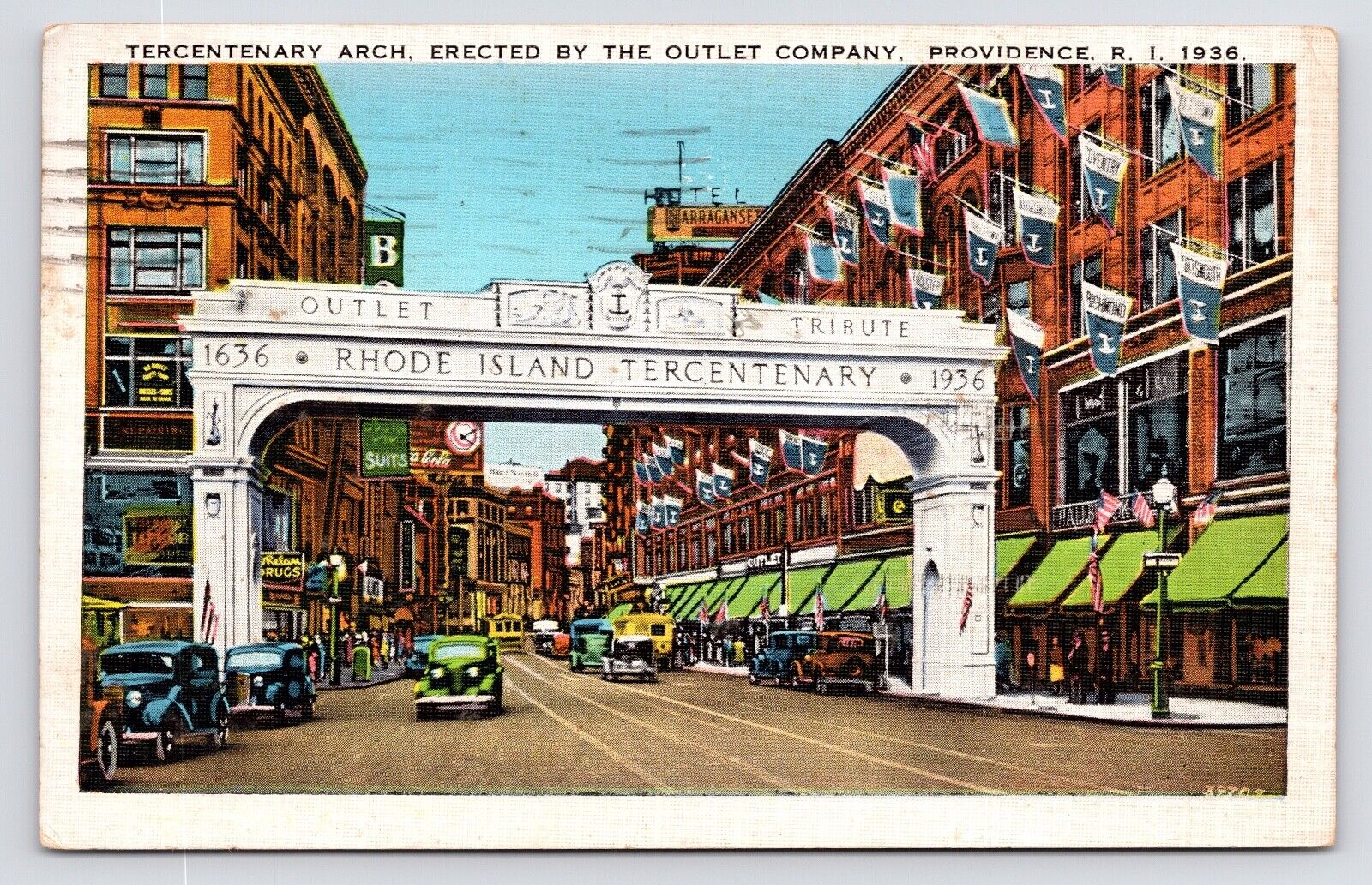 c1930s~Providence Rhode Island RI~Tercentenary Arch~Downtown~Vintage~Postcard