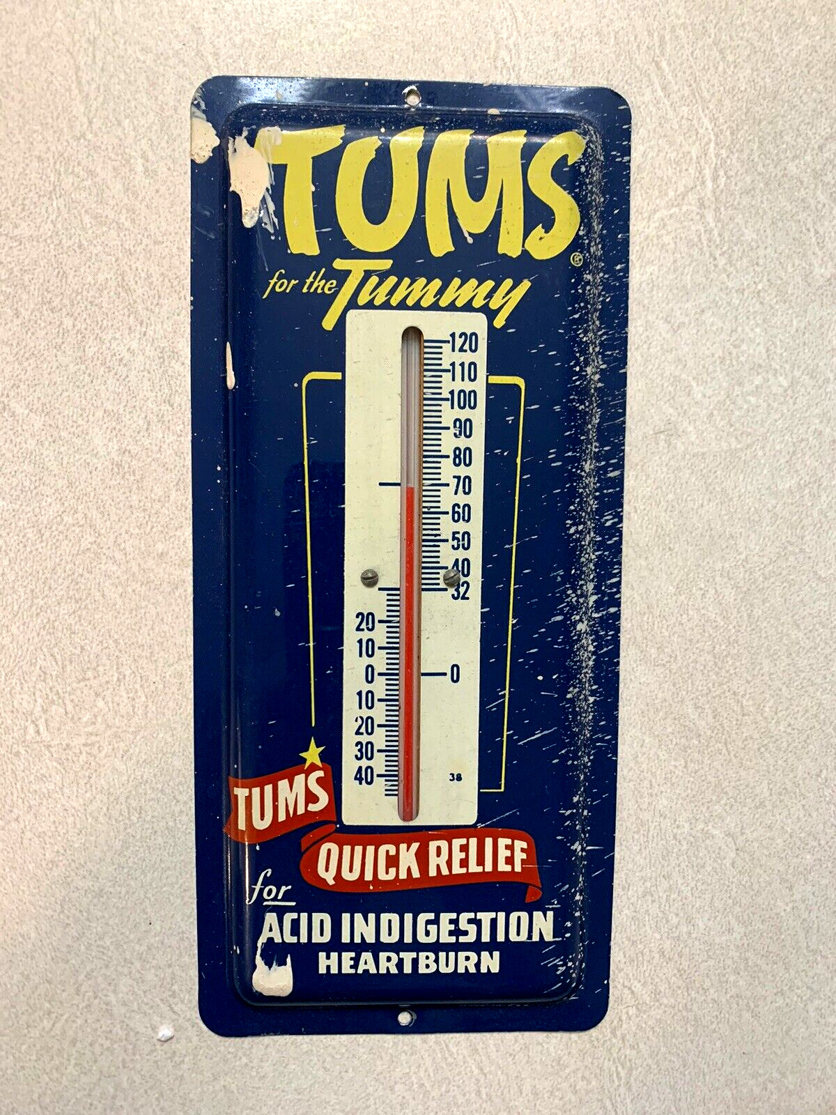 Vintage 1960's Tums Metal Advertising Thermometer Sign Pharmacy Quick Relief