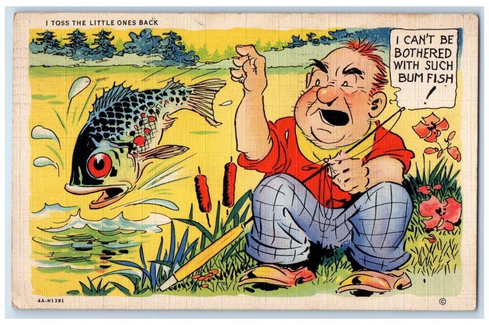 1936 Old Man Catched Big Fish, I Toss The Little Ones Back Comic Postcard