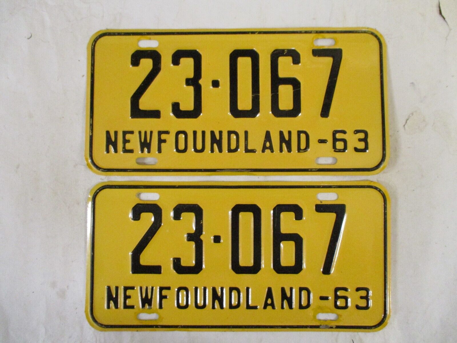 PAIR 1963 Newfoundland License Plate Tag NICE