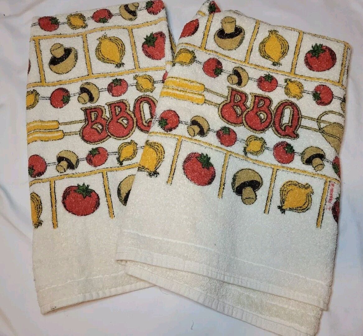 Vintage Pair Of Cannon Summer BBQ Mushroom Tomato Onion Cotton Kitchen Towels