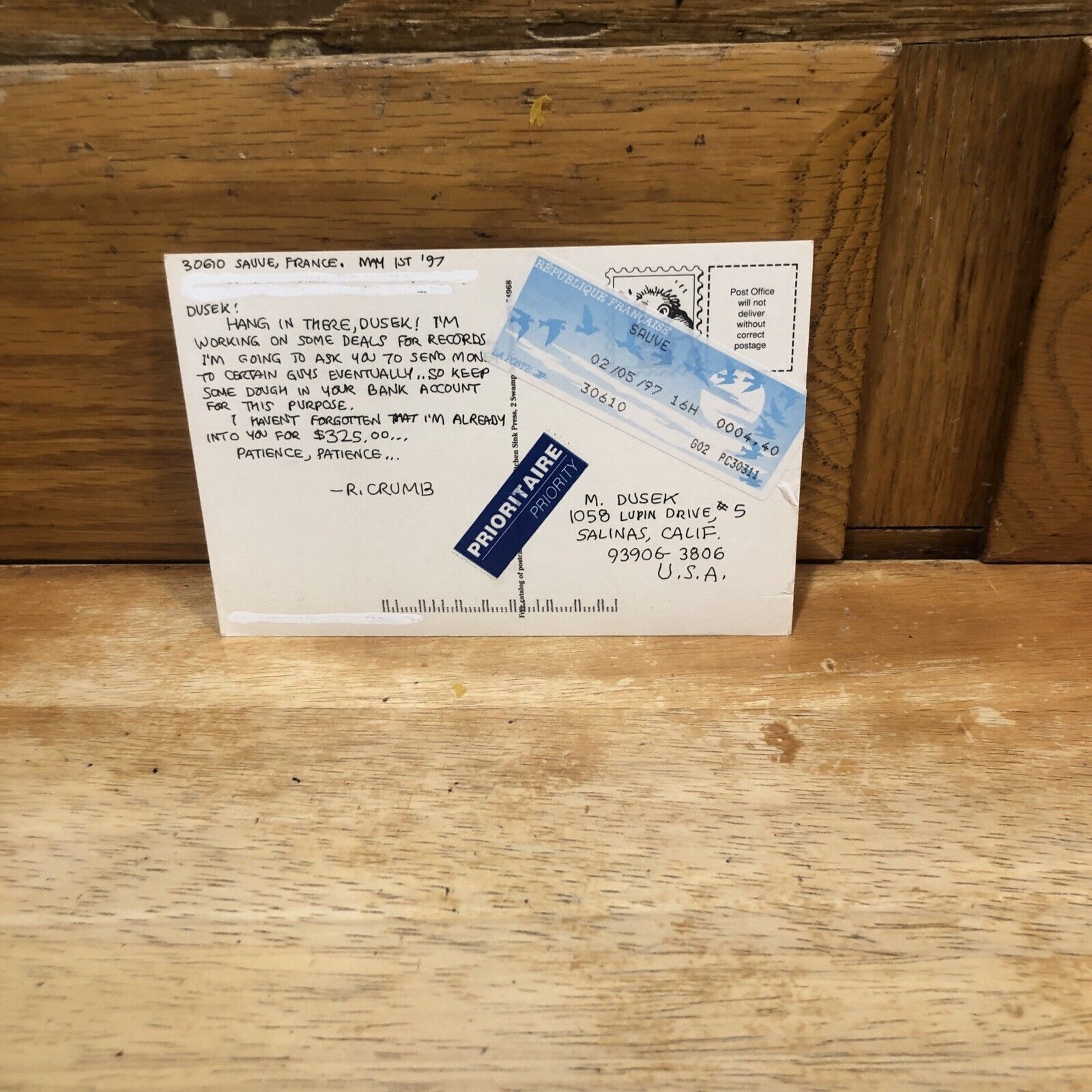 R. Crumb Personal correspondence postcard 1997 signed