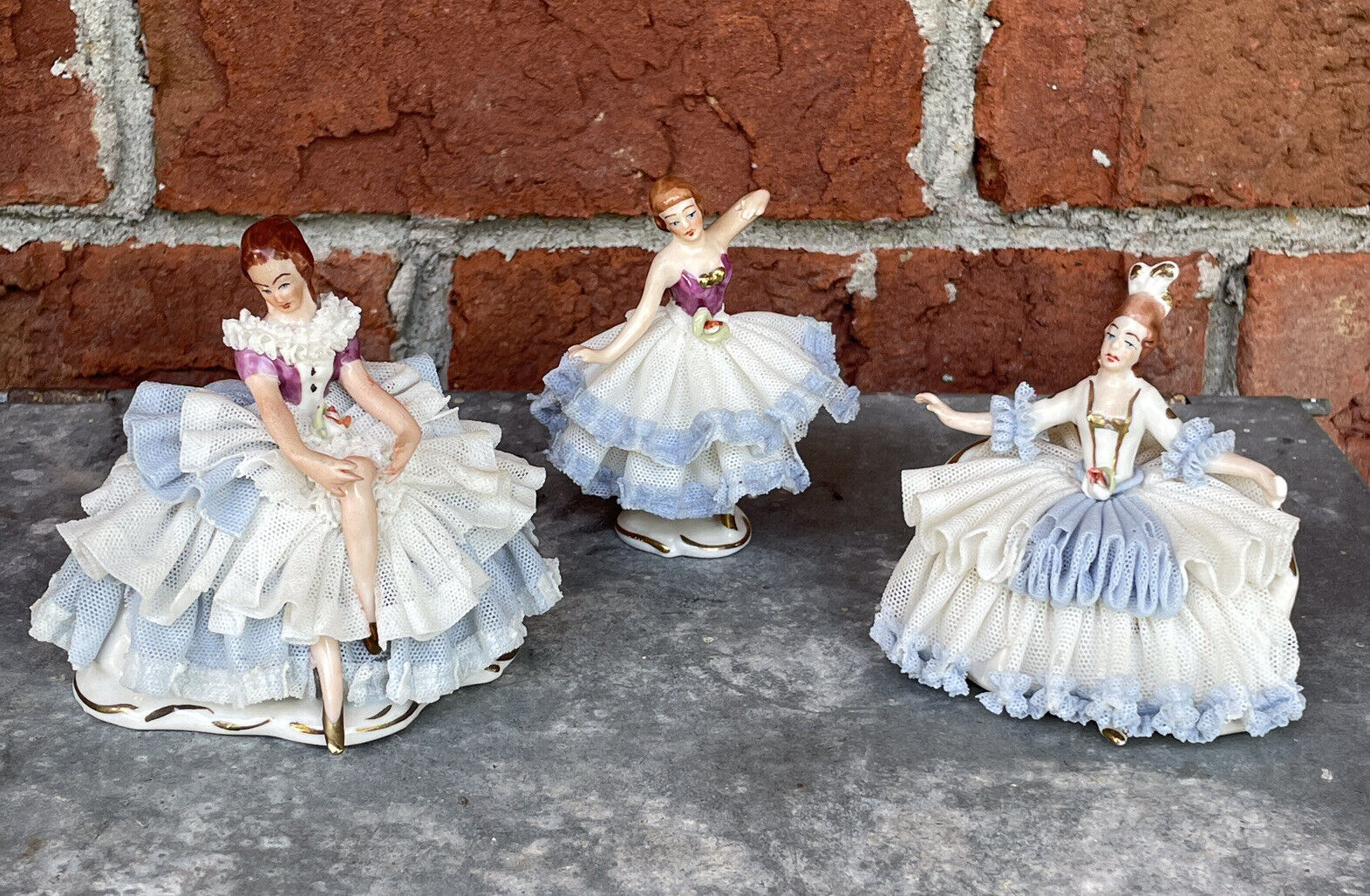 3 Antique Wilhelm Rittirsch Dresden Art German Lace Porcelain Ladies Figurines
