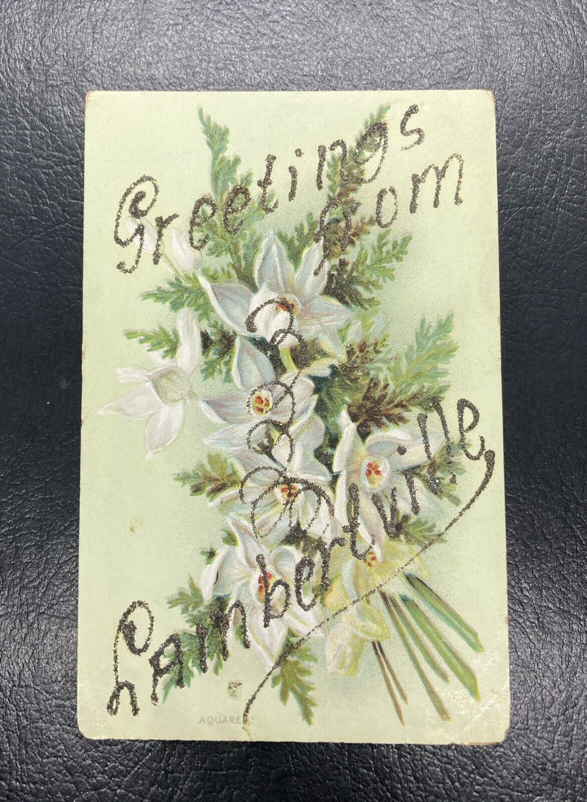 c1910's Greetings From Lambertville Embossed Flowers Glitter Vintage Postcard