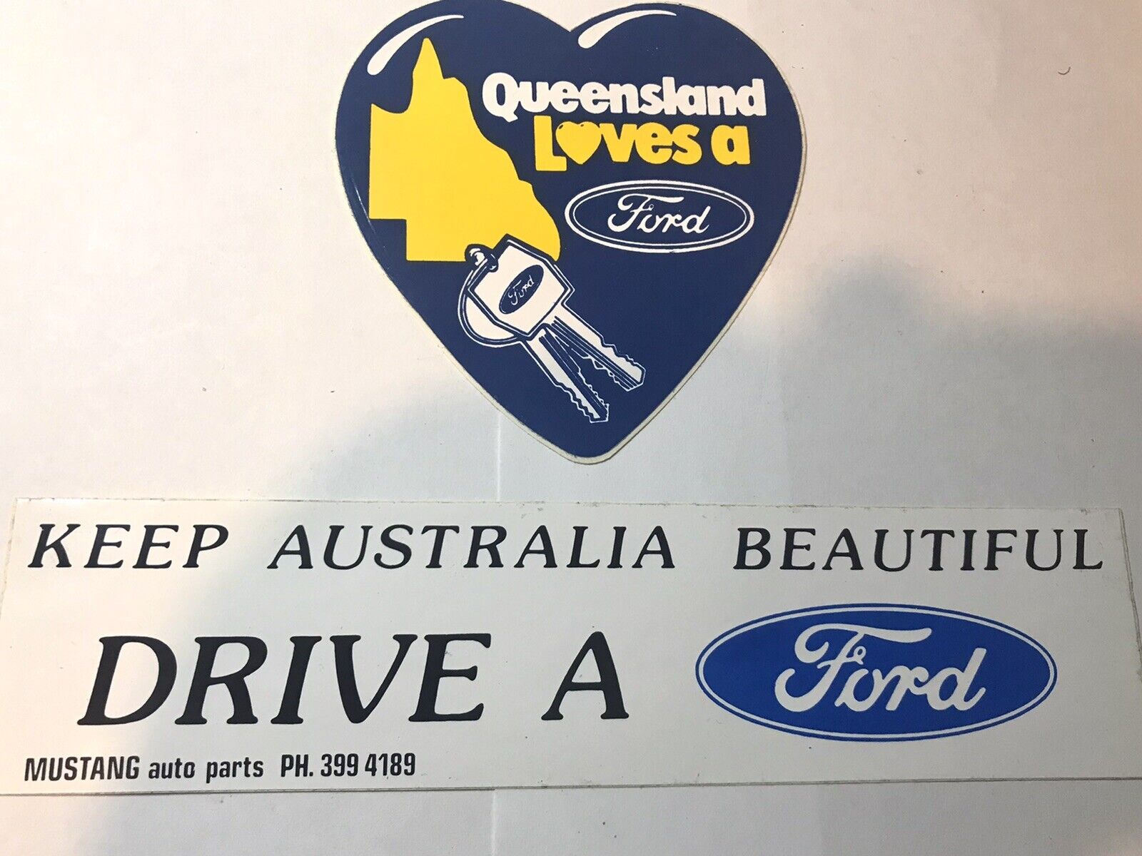 2 NEW STICKERS QUEENSLAND LOVES A FORD AUSTRALIA DRIVE A FORD 8”
