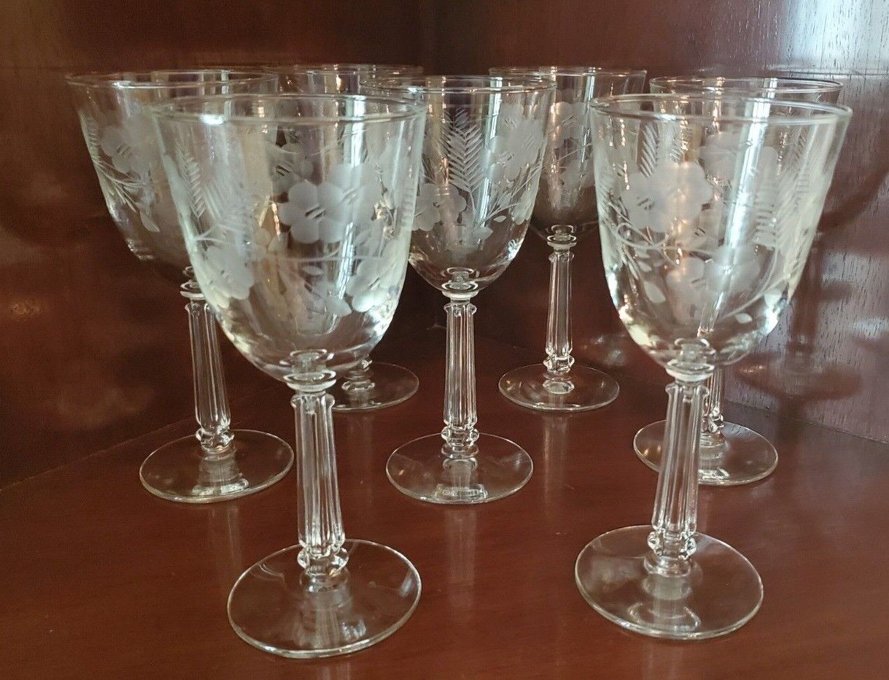 VINTAGE FOSTORIA CRYSTAL ENGRAVED WINE GLASSES- SET OF (7) 