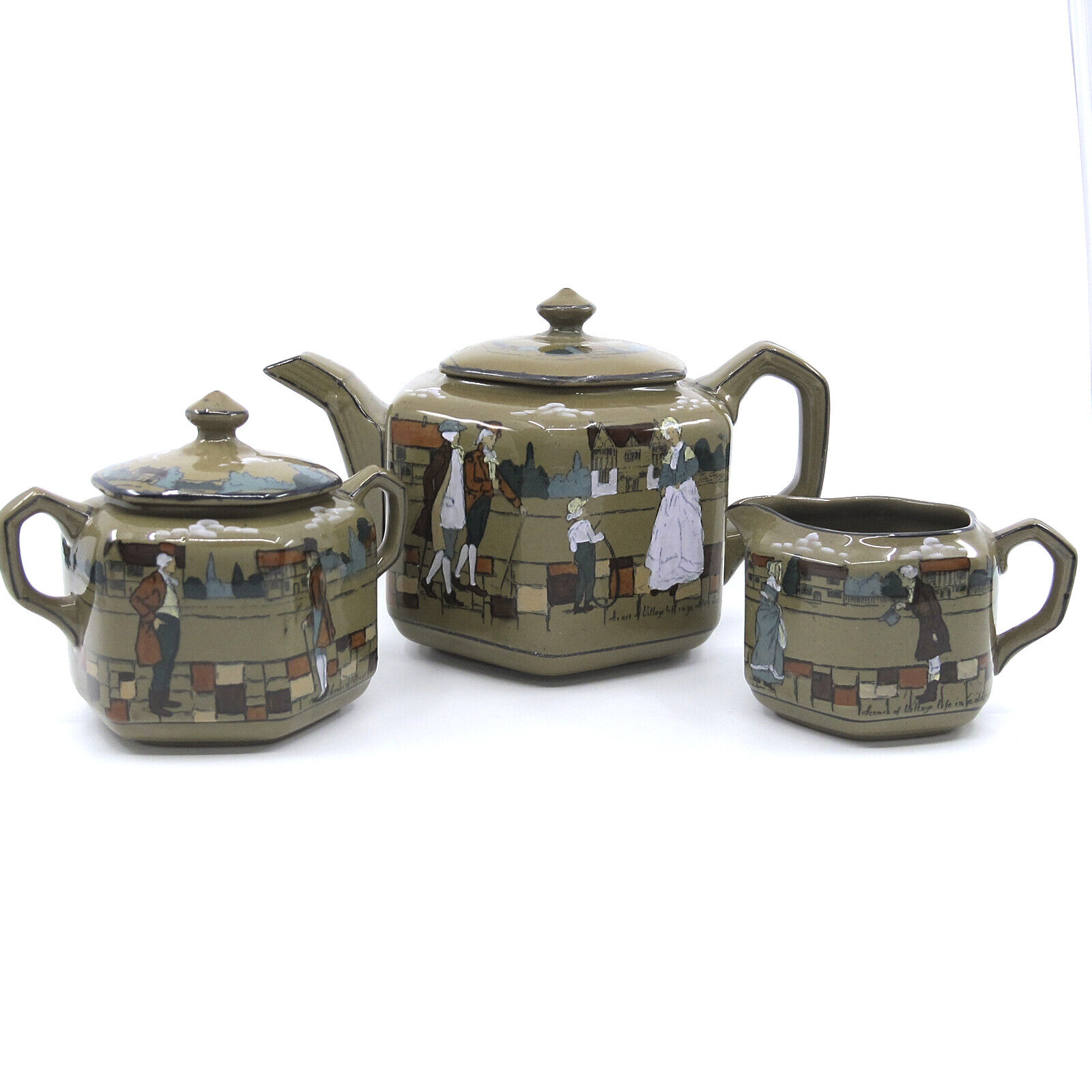YE OLDEN DAYS Deldare Ware BUFFALO POTTERY Tea Set Creamer Sugar Teapot