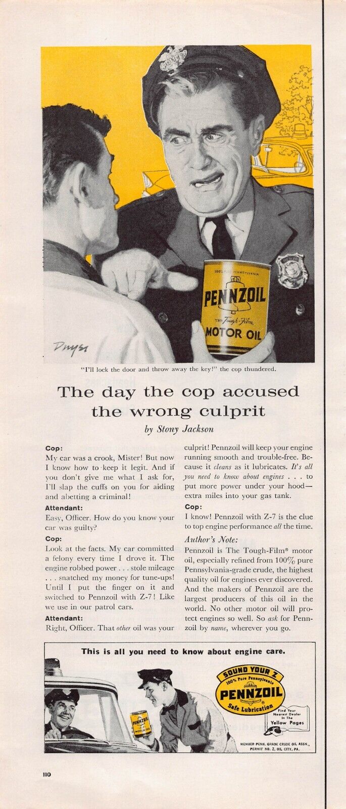 Pennzoil Angry Cop Engine Motor Lube Oil Can Police Vtg Magazine Print Ad 1959