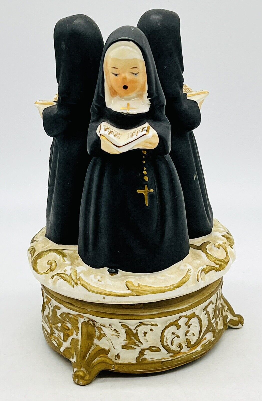 Vintage Nuns Music Box Tilso Japan Handpainted Singing Dominique 7 inch VIDEO