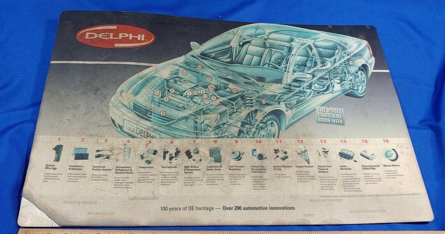Delphi Car Parts Advertising Sign Mousepad Store Counter Foam Mat VTG 25x17 Car 