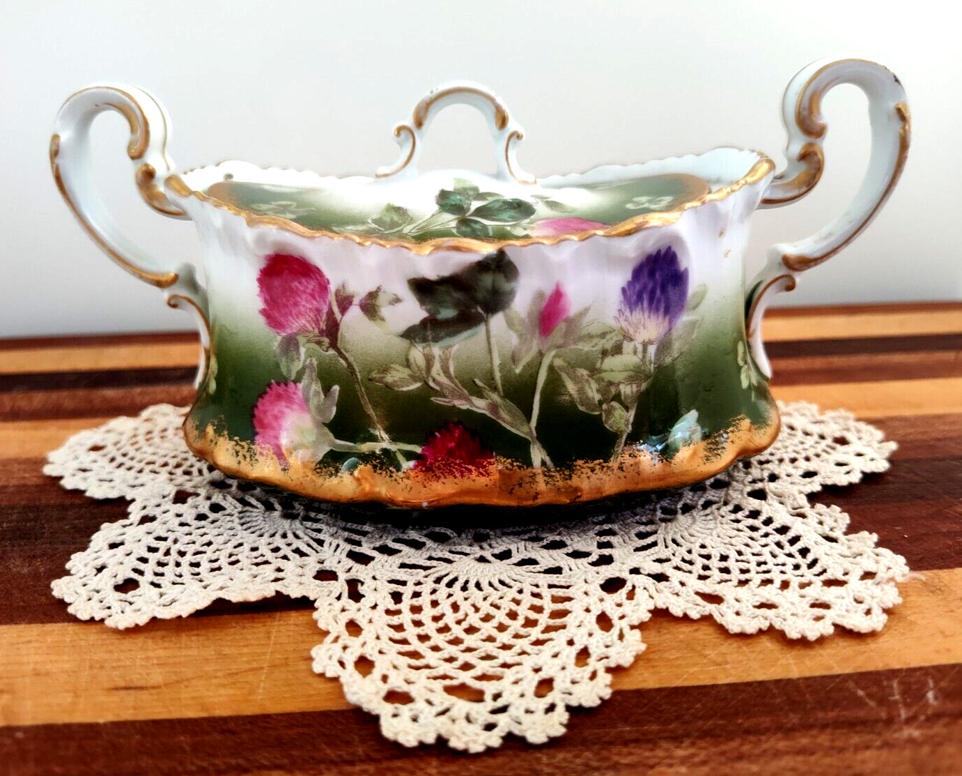 1890s T&V Sugar Bowl w Lid Hand-Painted Floral Limoges France Venice Clover VTG