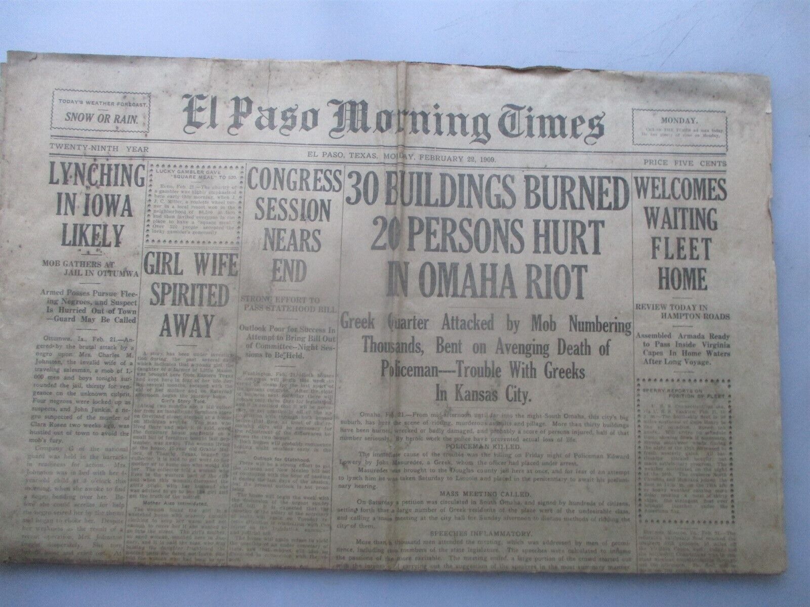 El Paso (Texas) Morning Times Newspaper February 2, 1909 OMAHA Riot, IA Lynching