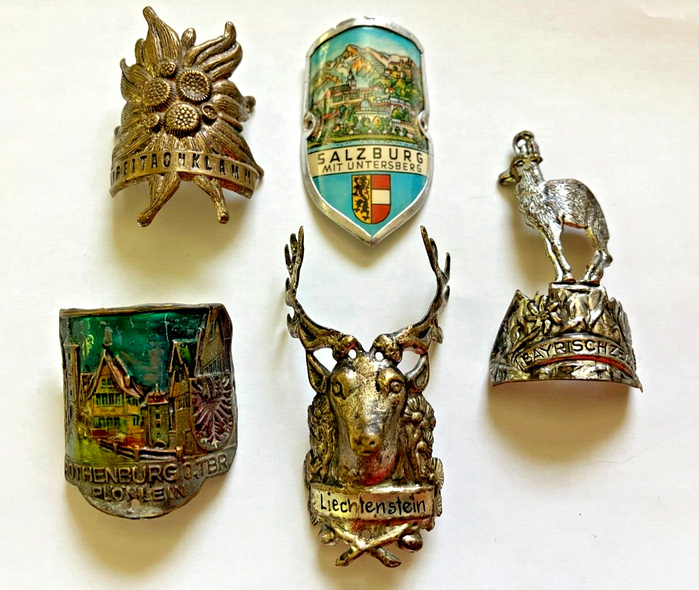(5) Vintage Walking Cane Stick Badges Medallions Germany Austria Liechtenstein