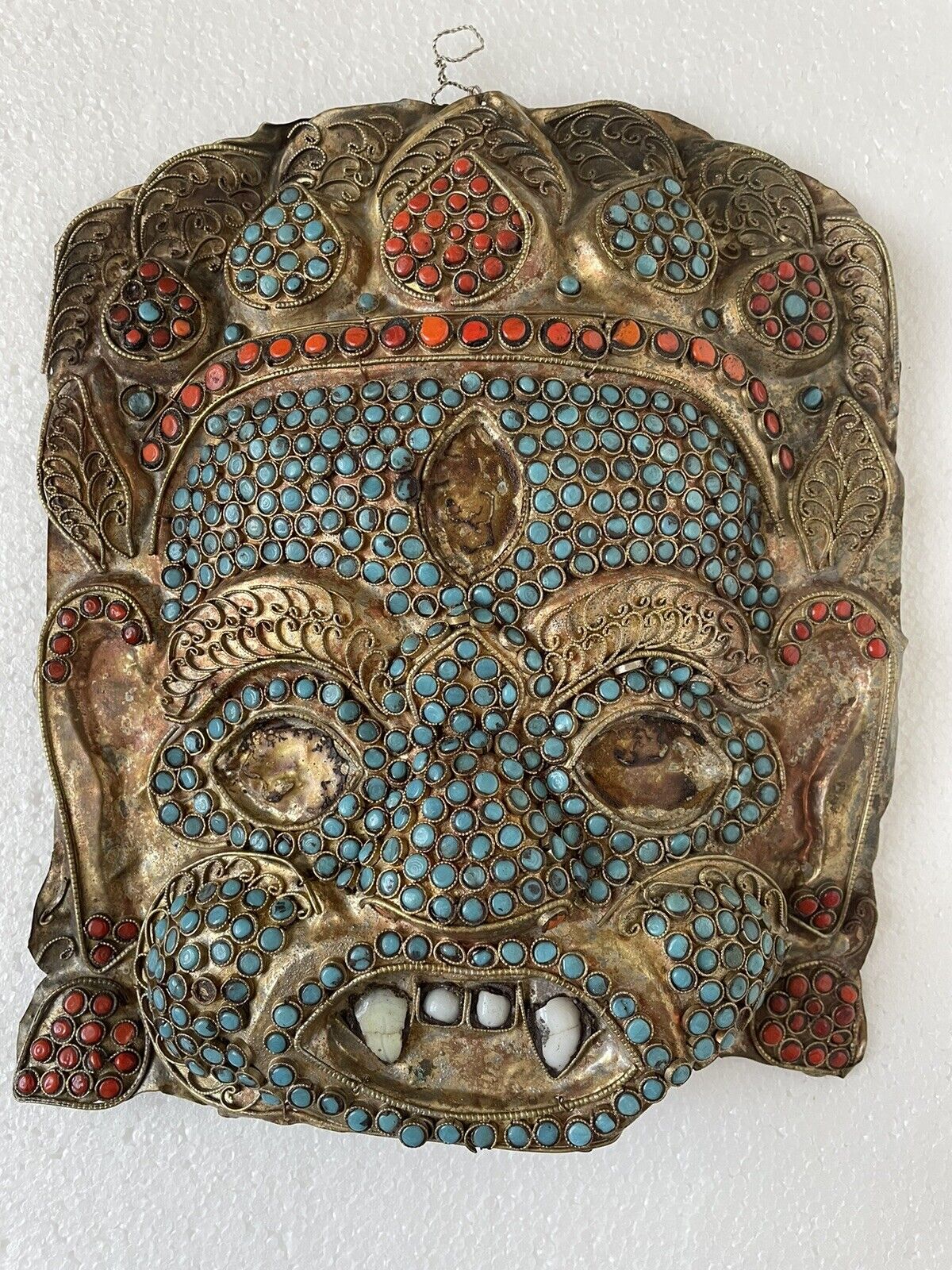 Vintage Nepalese/Tibetan 3-Eyed Handmade Coral & Blue Beads Mahakala Brass Mask