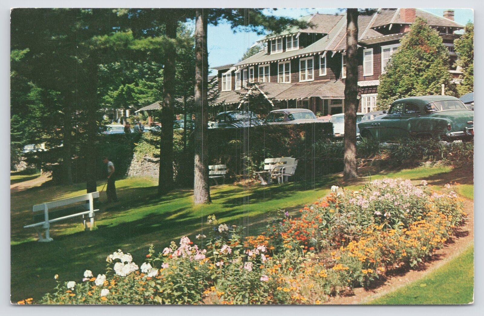 Schroon Lake New York~Word of Life Inn~Flower Garden~Cars~1950s Postcard