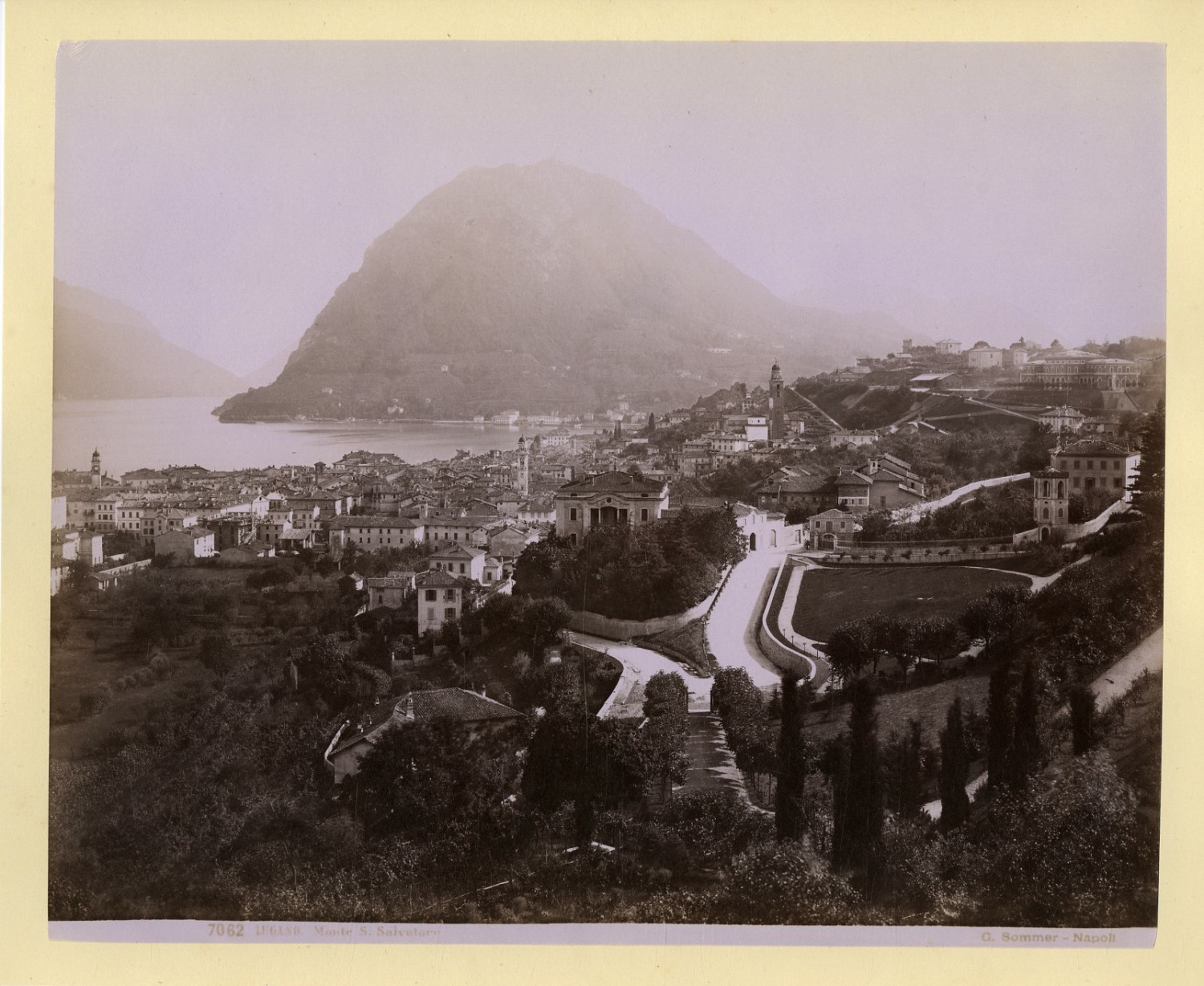 Switzerland, Lugano Vintage Albumen Print.Monte San Salvatore Albumin Print  