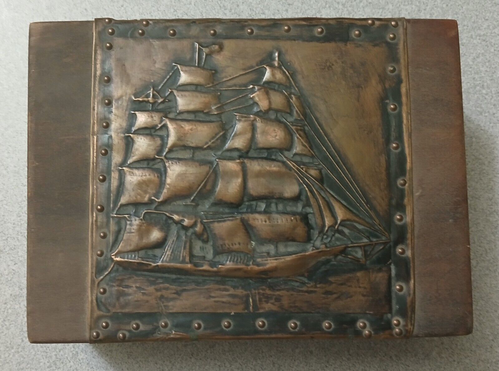 Vintage Ship Nautical Wooden Jewelry Box, Trinket Box, Stash Box