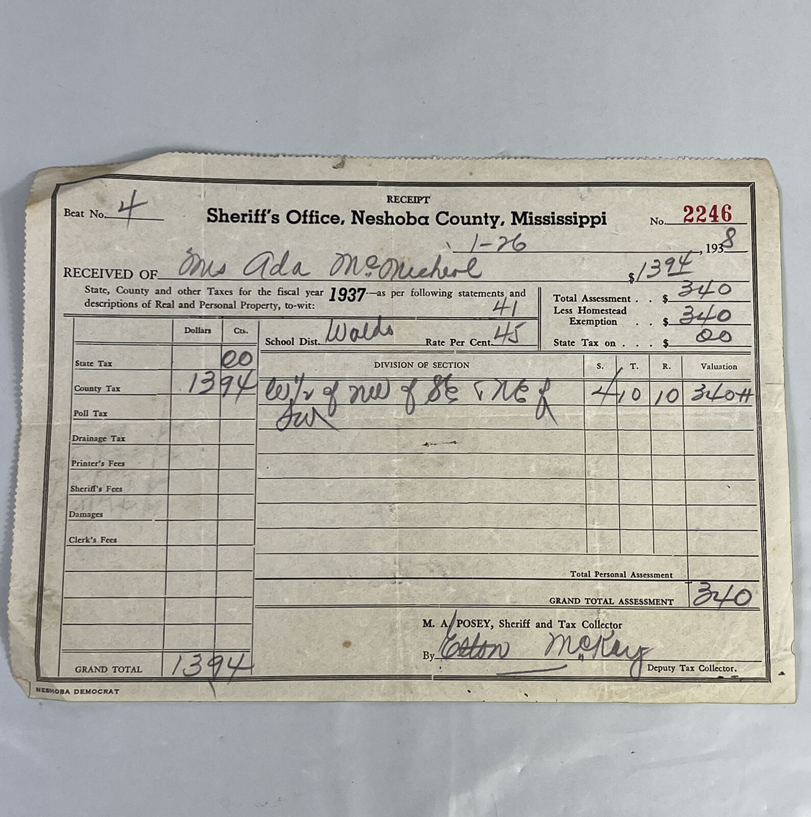Neshoba County Mississippi 1938 M.A. Posey Sheriff & Tax Collector 1938 Receipt