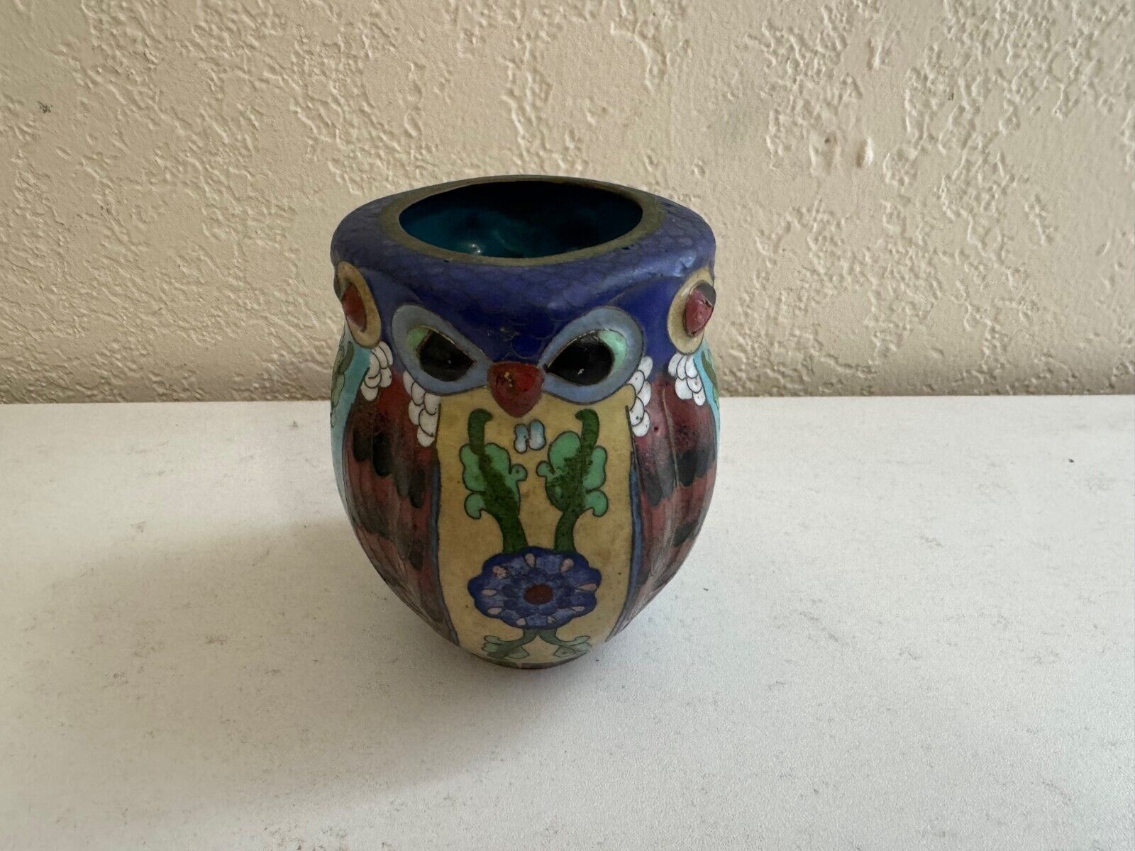 Vintage Possibly Antique Chinese or Japanese Cloisonne Owl Design Vase As Is