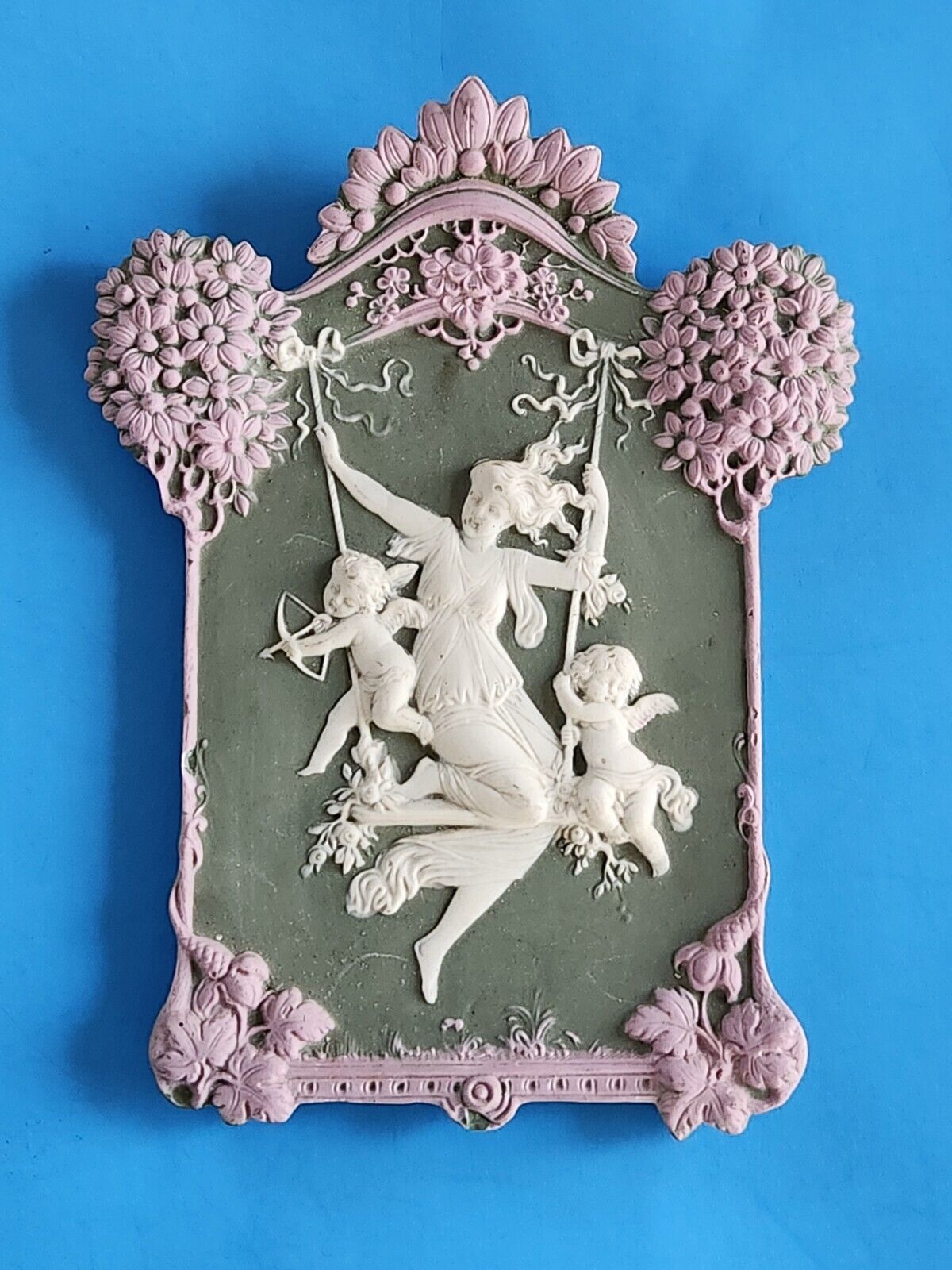 Vintage Neoclassical Tri-Color Rare Jasperware Plaque Cupid 7\
