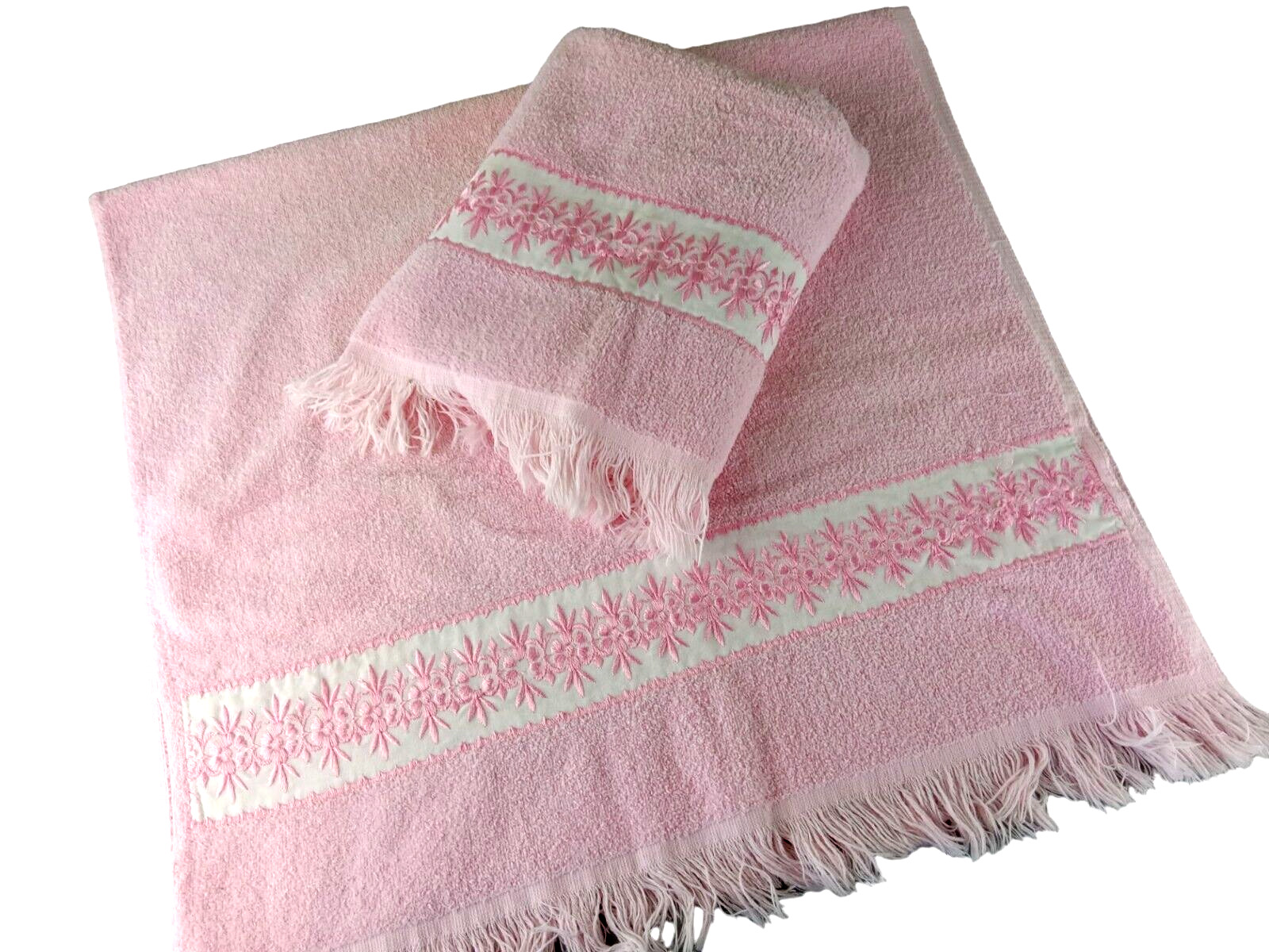 Two Vintage CANNON ROYAL FAMILY Embroidered Pink Fringe Bath Towels