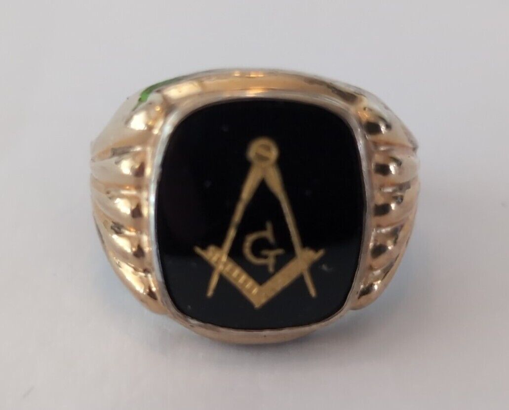 Vintage Sterling & 10K Gold Onyx Masonic Men's Ring Size 12
