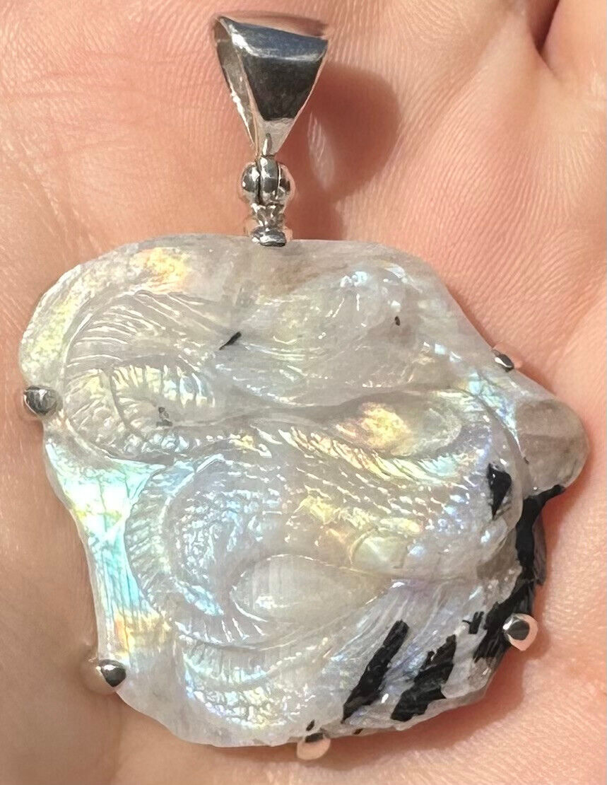 925 Sterling Silver Carved Natural Rainbow Moonstone Dragon Gemstone Pendant