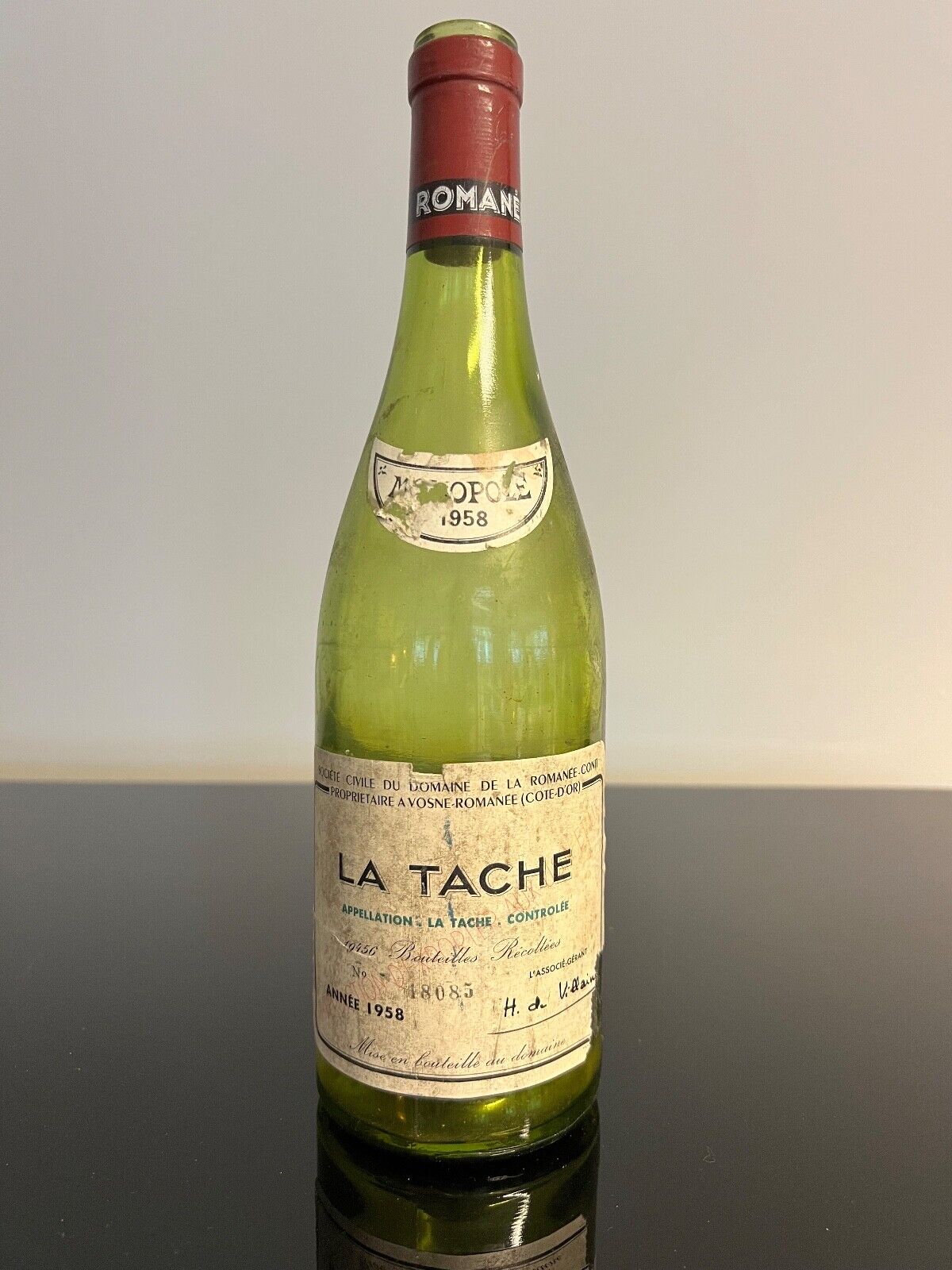 Rare vintage of Romanée Conti La Tache 1958  Empty Wine Bottle