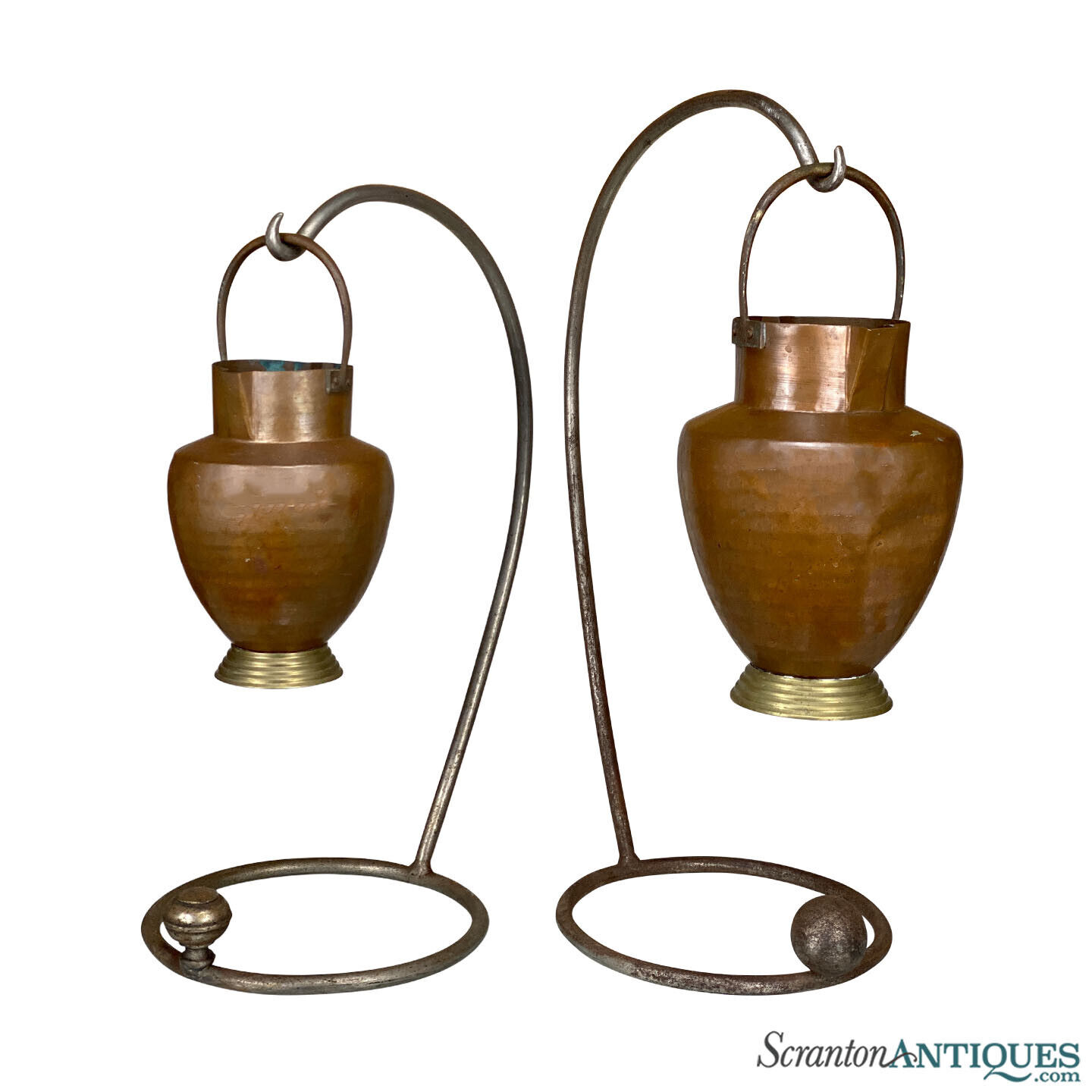Antique Italian Farmhouse Hammered Copper Hanging Pitchers - A Pair