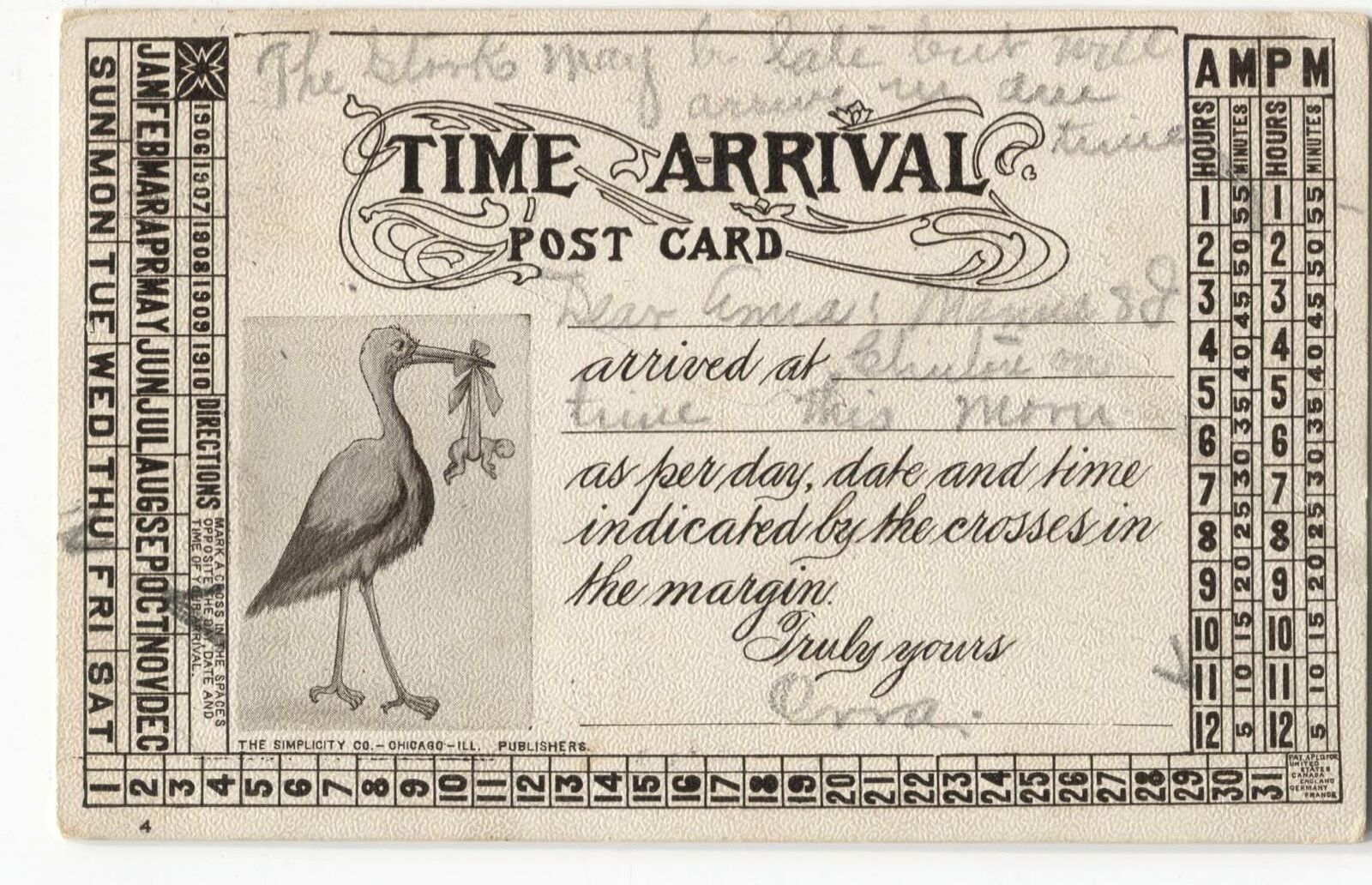 Postcard Time Arrival Stork Delivering Baby 1907