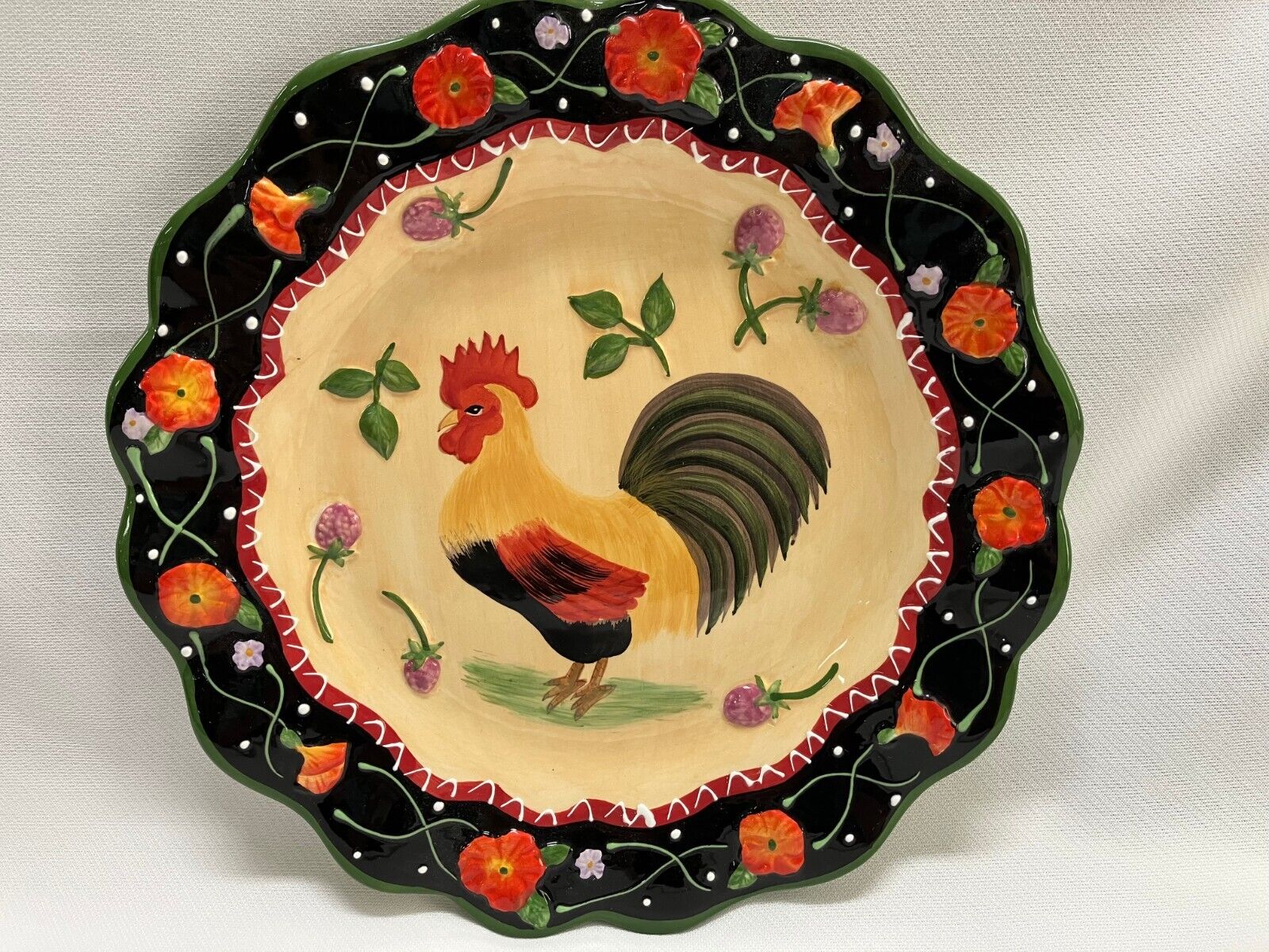 Rooster Plate 10 inch Black with Flowers Ceramic Jay Import Co.
