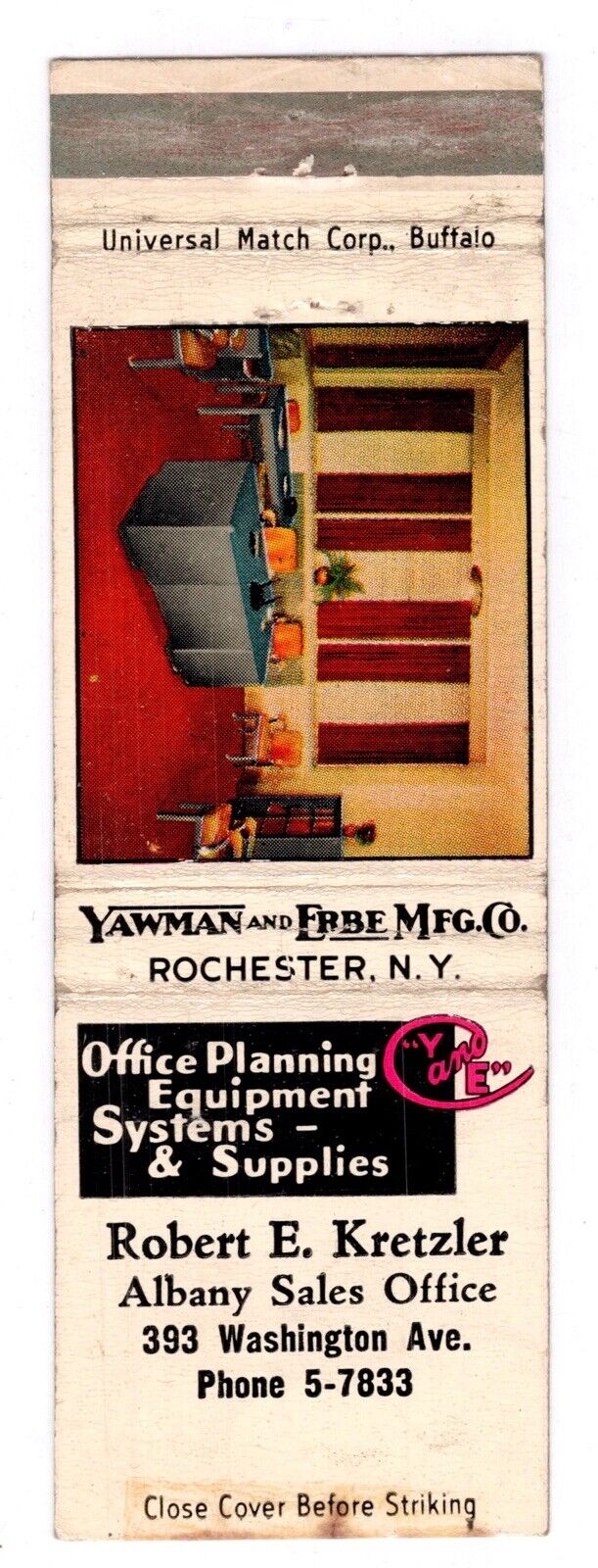 c1960s~Yawman Erbee Mfg~Furniture~Rochester New York NY~Vintage Matchbook Cover