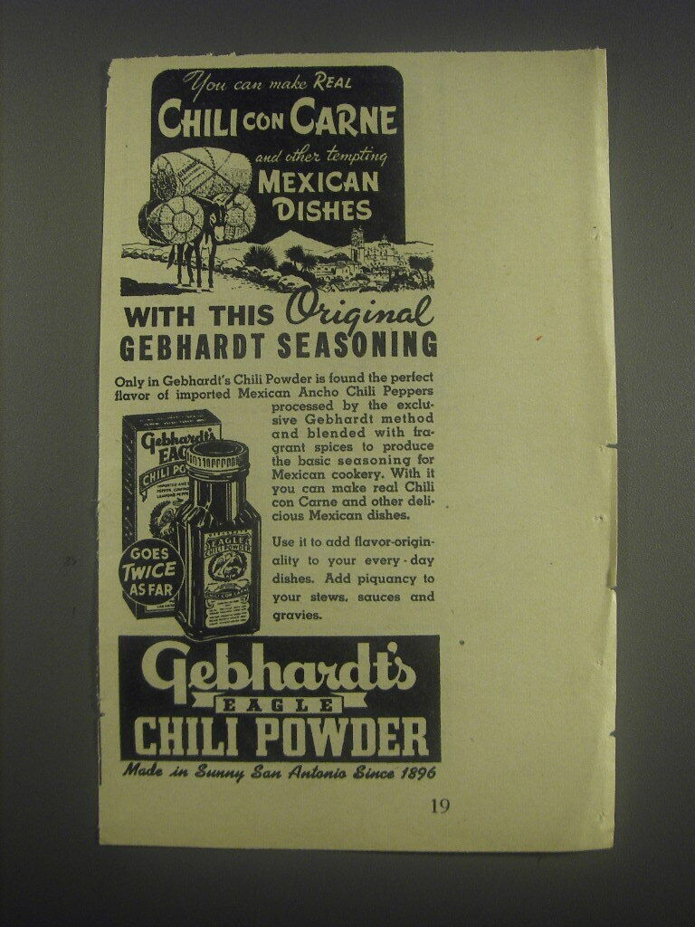 1946 Gebhardt\'s Eagle Chili Powder Ad - You can make real Chili con carne